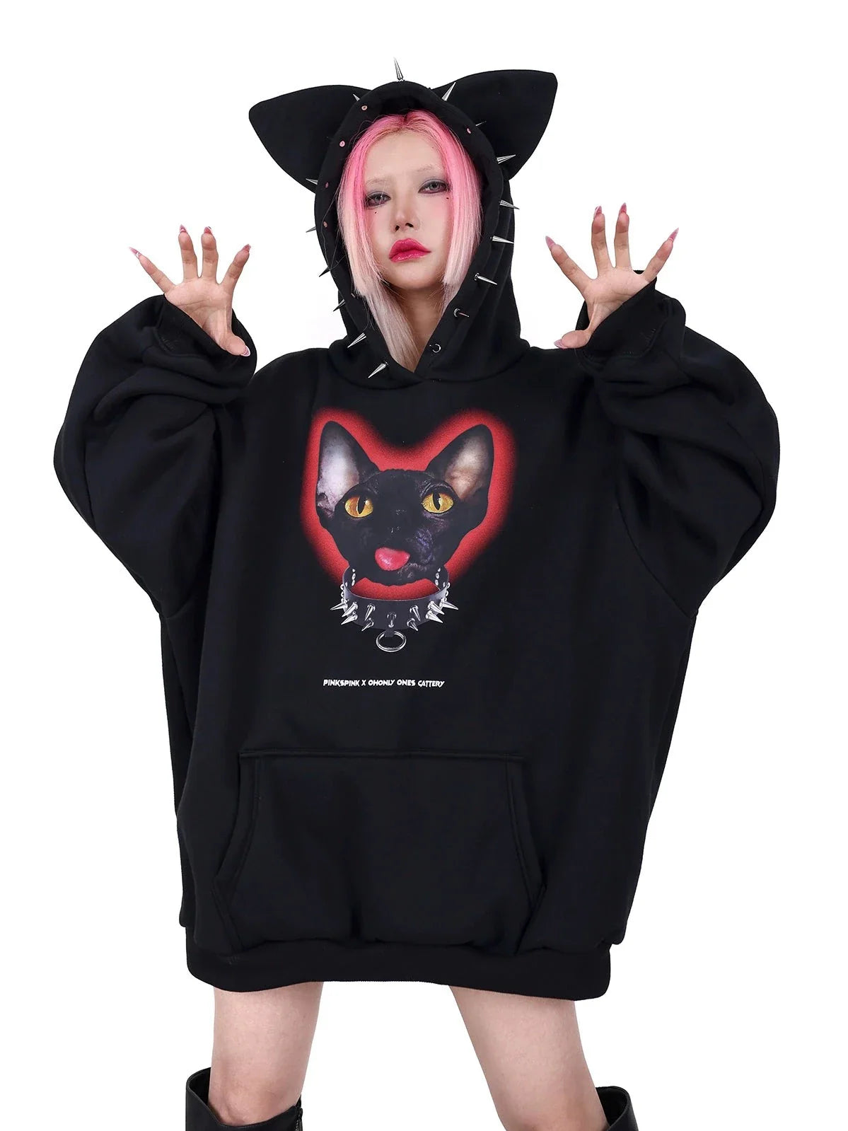 PINKSPINK Spiked Cat Ear Hoodie Black with Gothic Cat Print