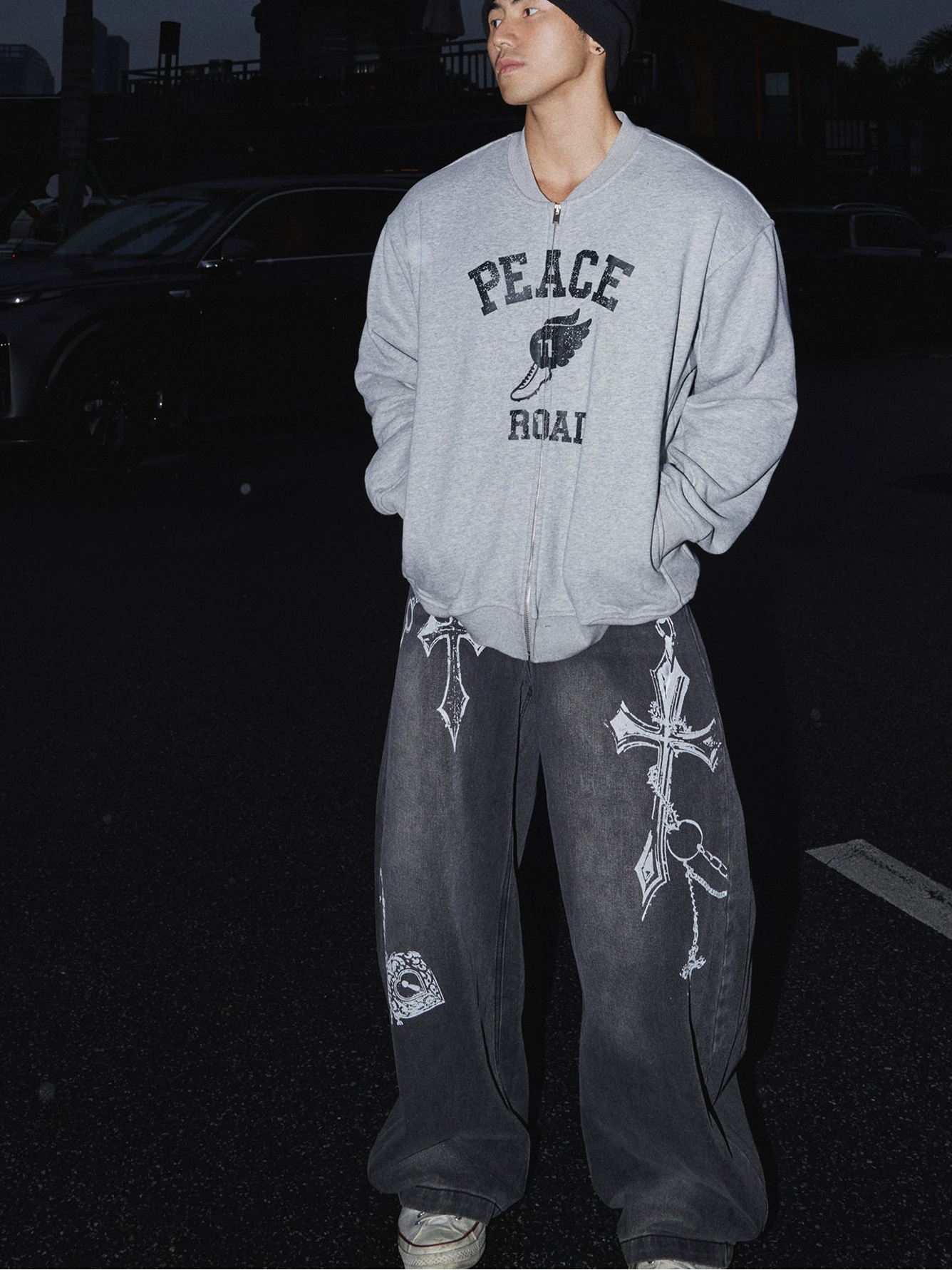 Crucifix Chain Graffiti Wide-Leg Jeans