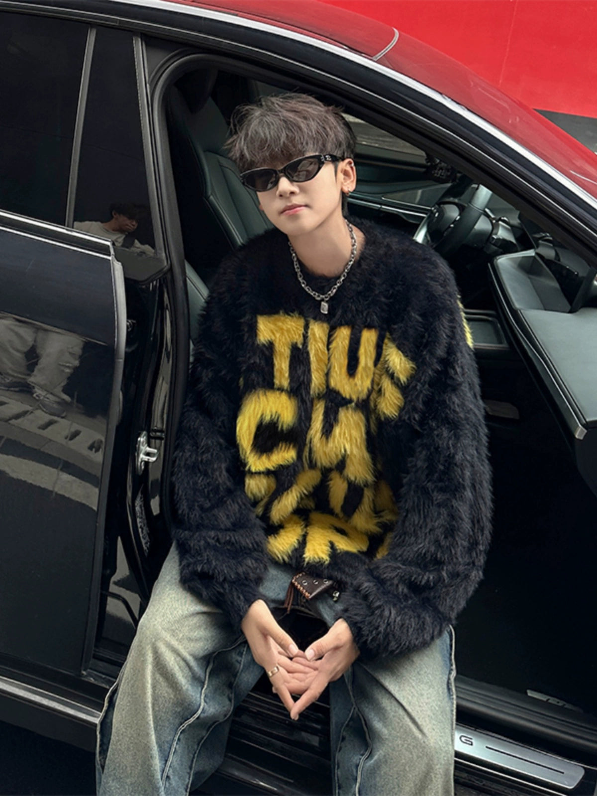 Fuzzy  Sweater with Bold Lettering