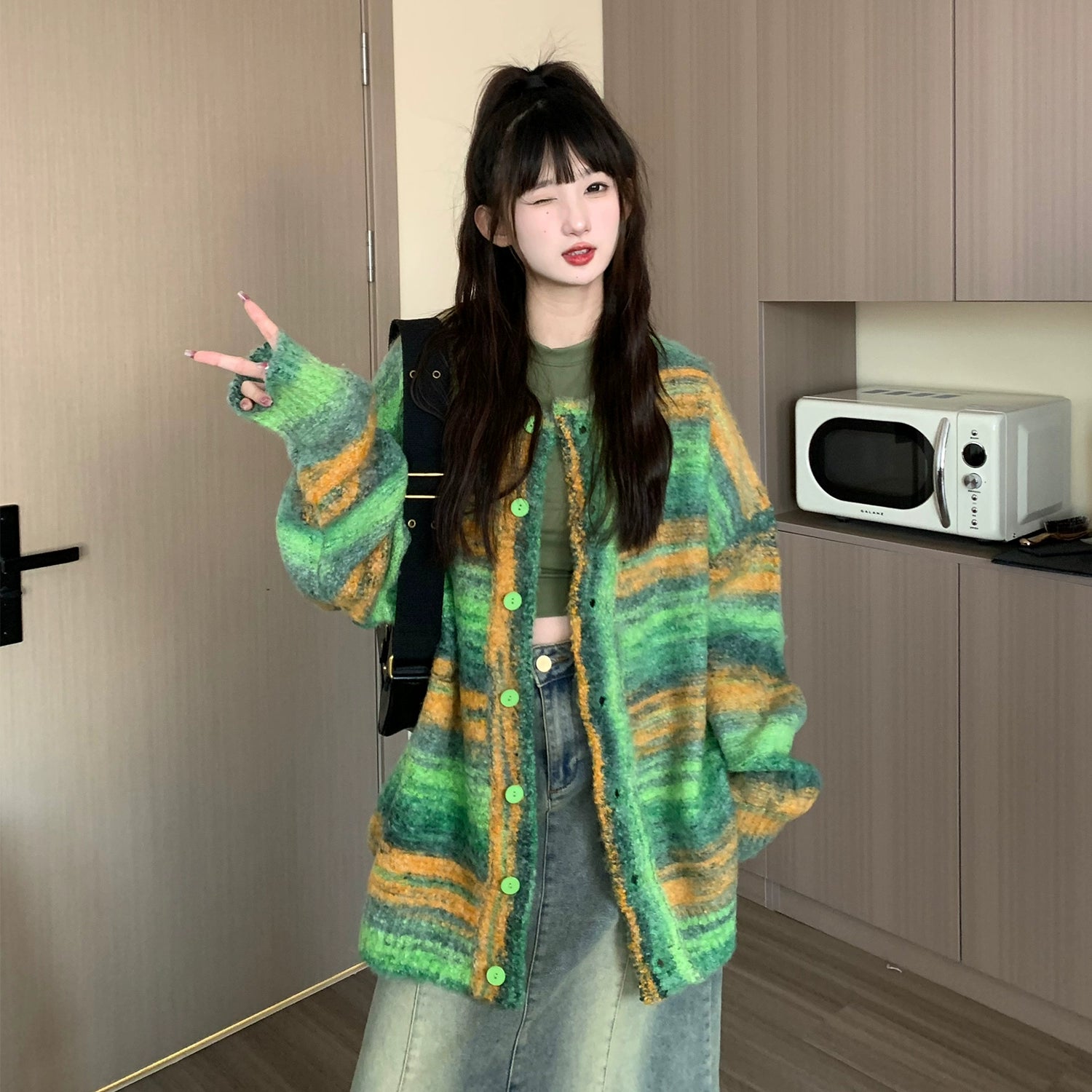 Oversized Fuzzy Striped Button-Up Cardigan