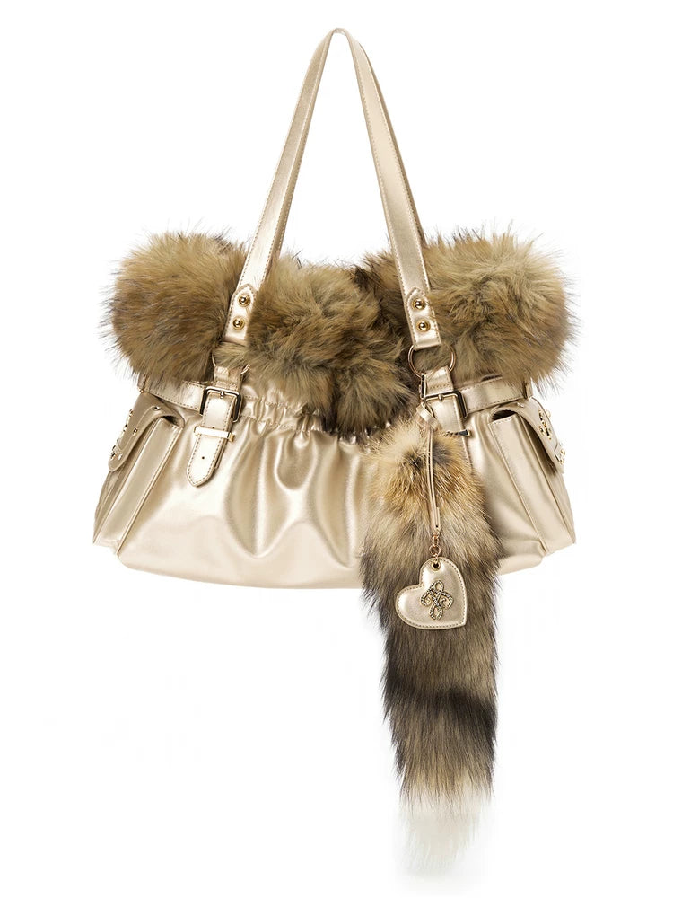 Golden Purr Luxe Faux‑Fur Charm Tote