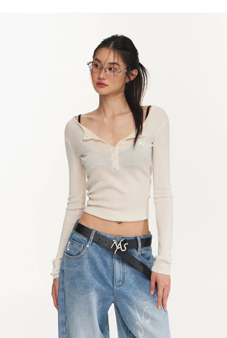 Ribbed Knit Cropped Henley Top