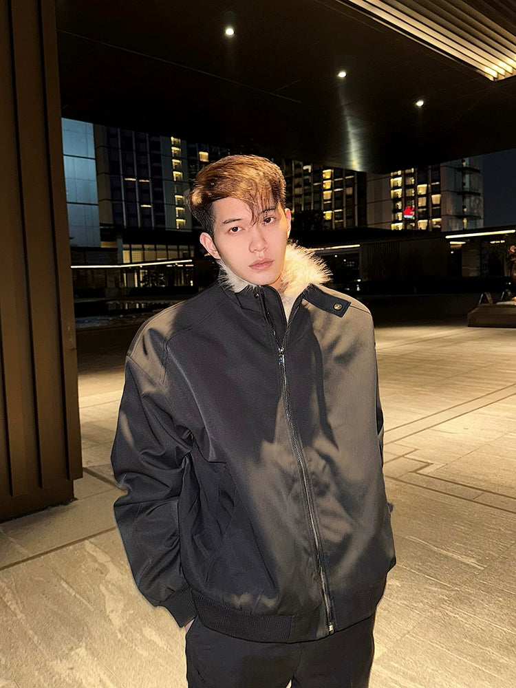 Black Bomber Jacket with Light Faux Fur Trimmed Lapel