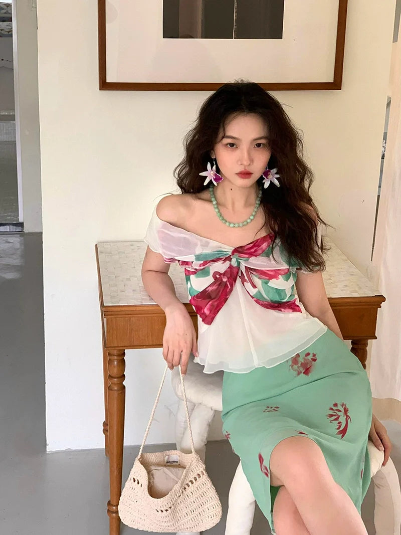 Floral Bow Off-Shoulder Blouse