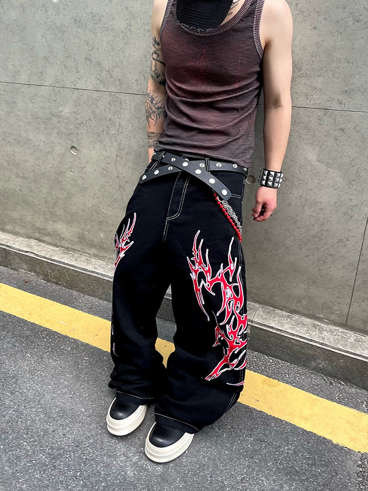 Red Flame Graffiti Wide-Leg Jeans