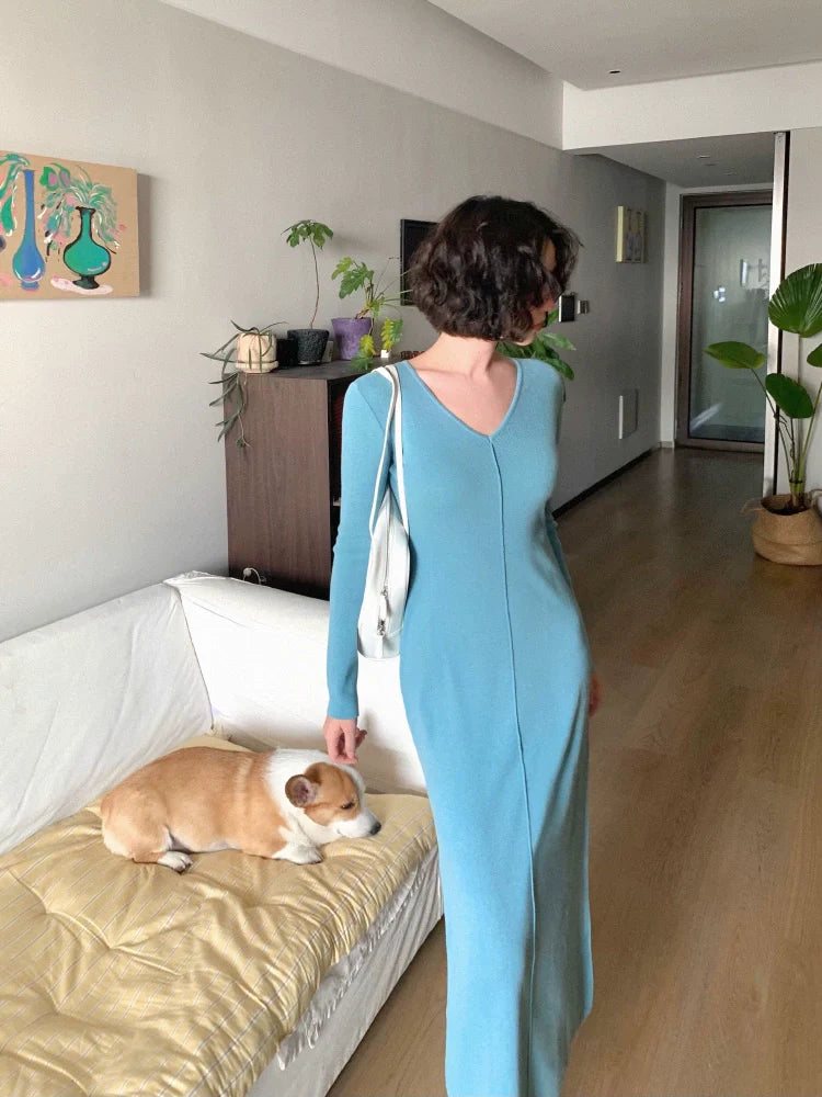 V-Neck Ribbed Knit Sexy Dress