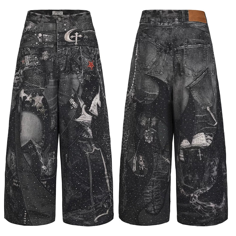 Gothic Collage Print Wide Leg Jeans