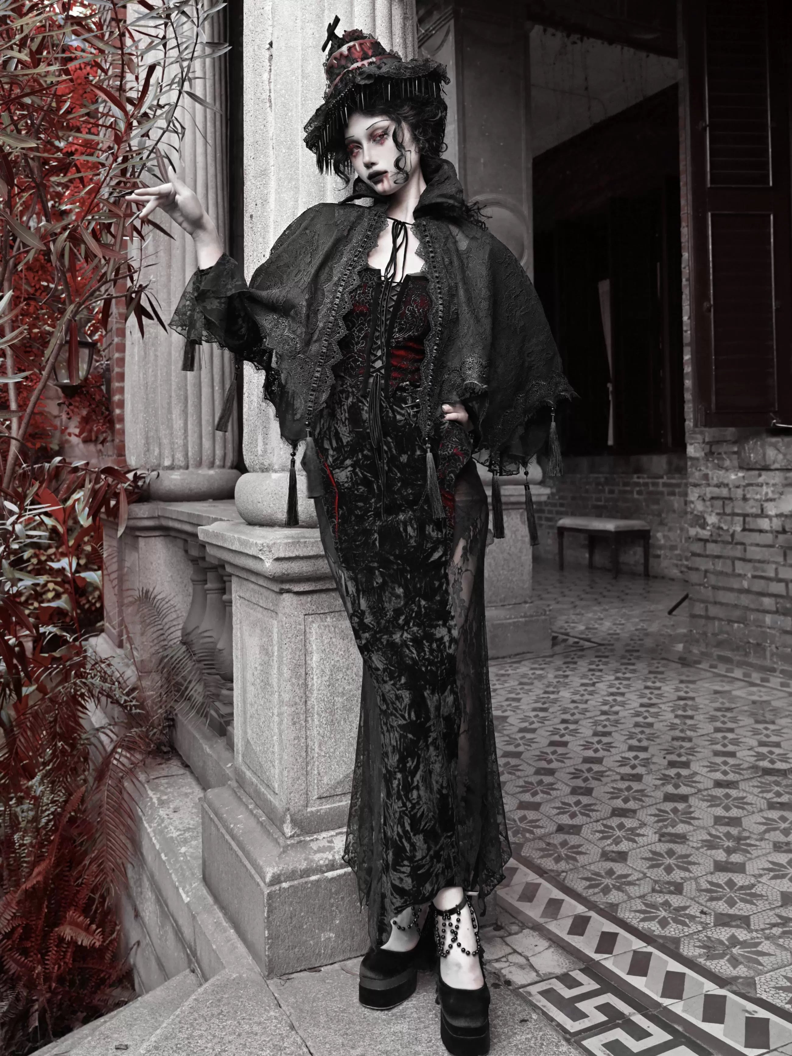 Gothic Lace High Collar Cape with Tassels