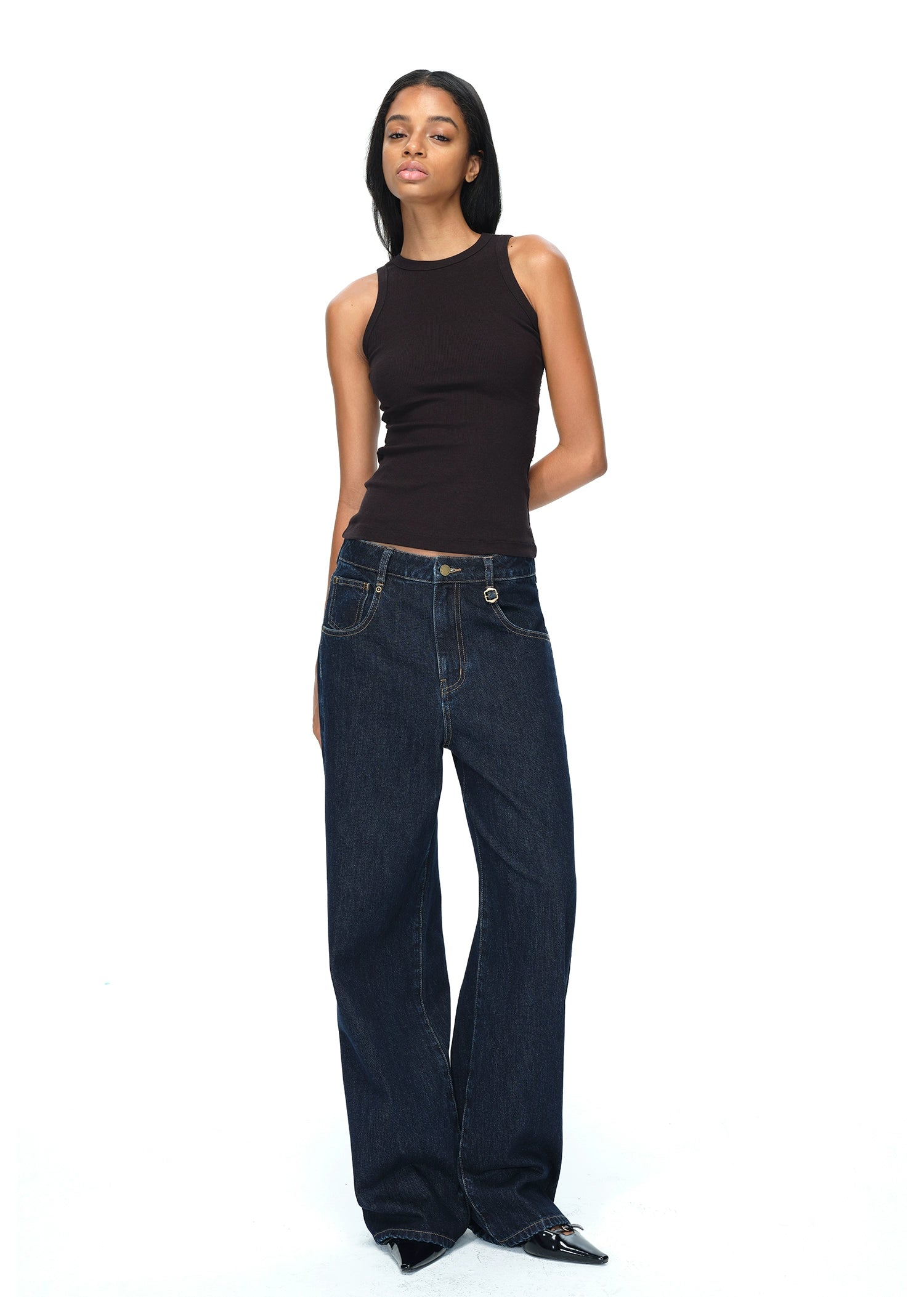 Dark Blue Raw Denim Wide-Leg Jeans