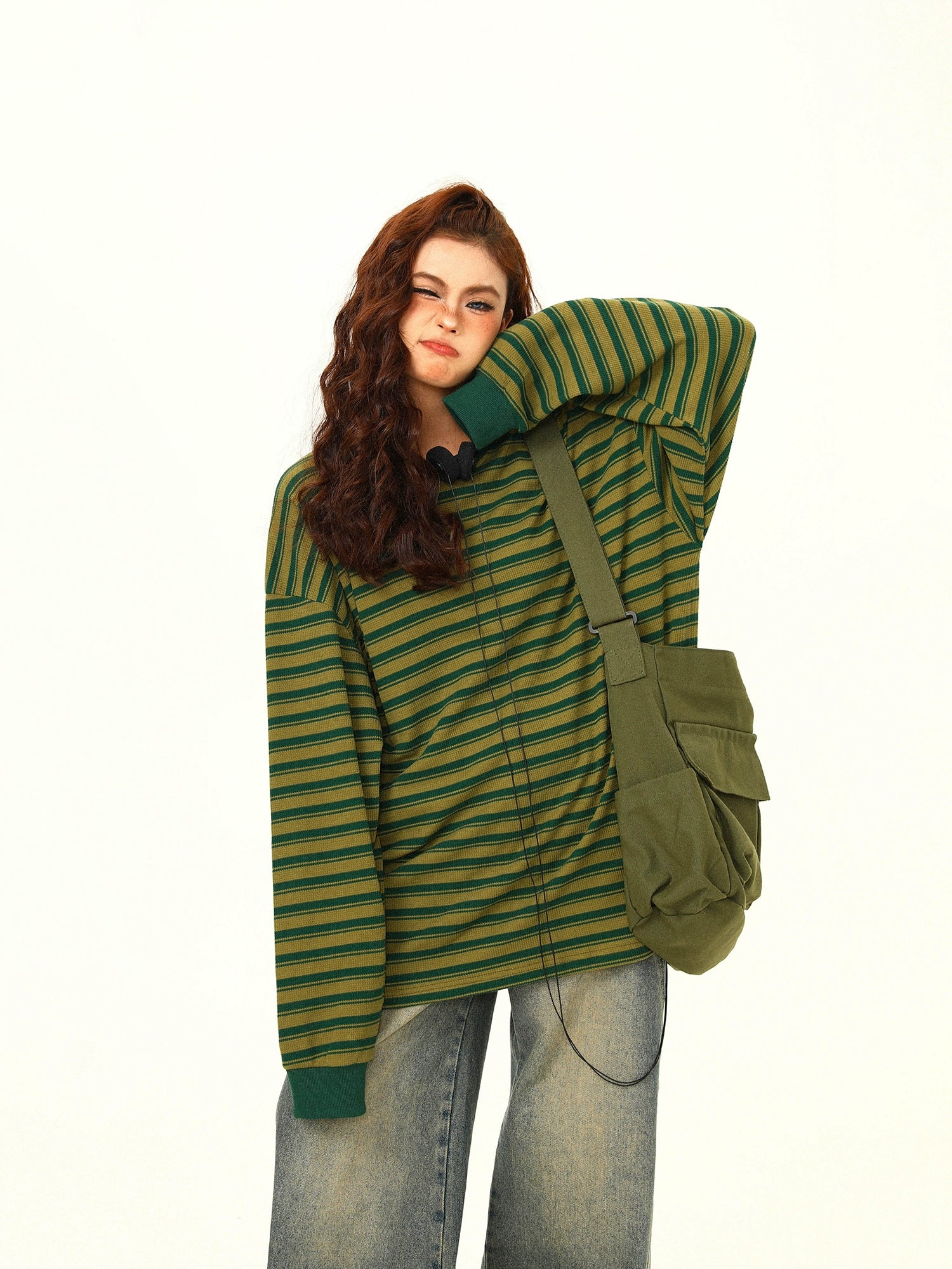Green and Yellow Striped Oversized Long Sleeve Tee