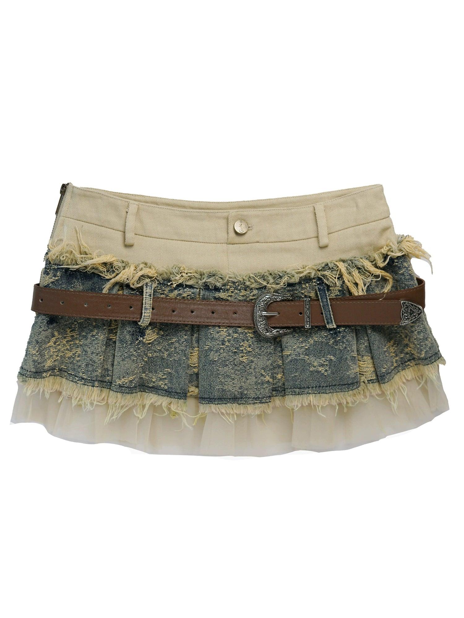 Cest Nous Layered Denim Mini Skirt - Women'S Distressed Patchwork Skirt With Belt