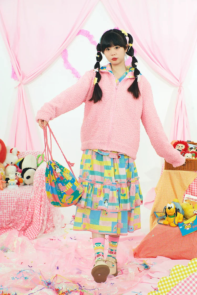 Cartoon Patchwork Sherpa Lined Zip Jacket