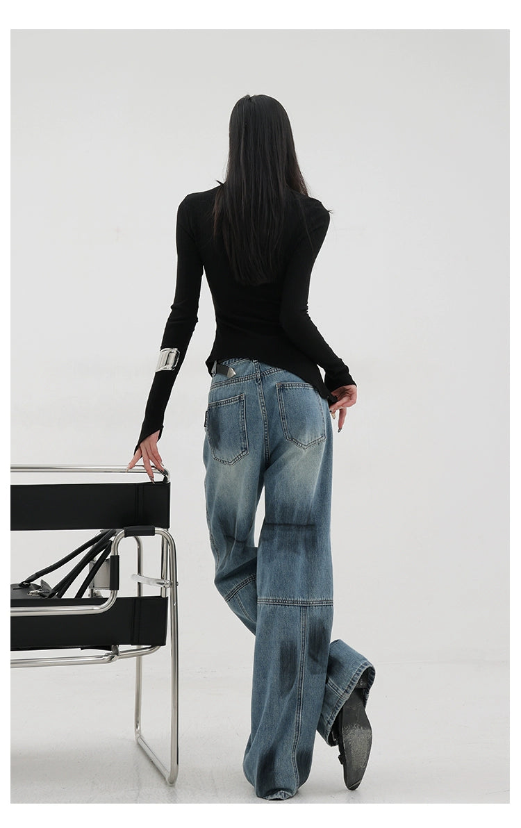 Vintage Distressed And Dirt-Dyed Patchwork Wide-Leg Jeans - chiclara