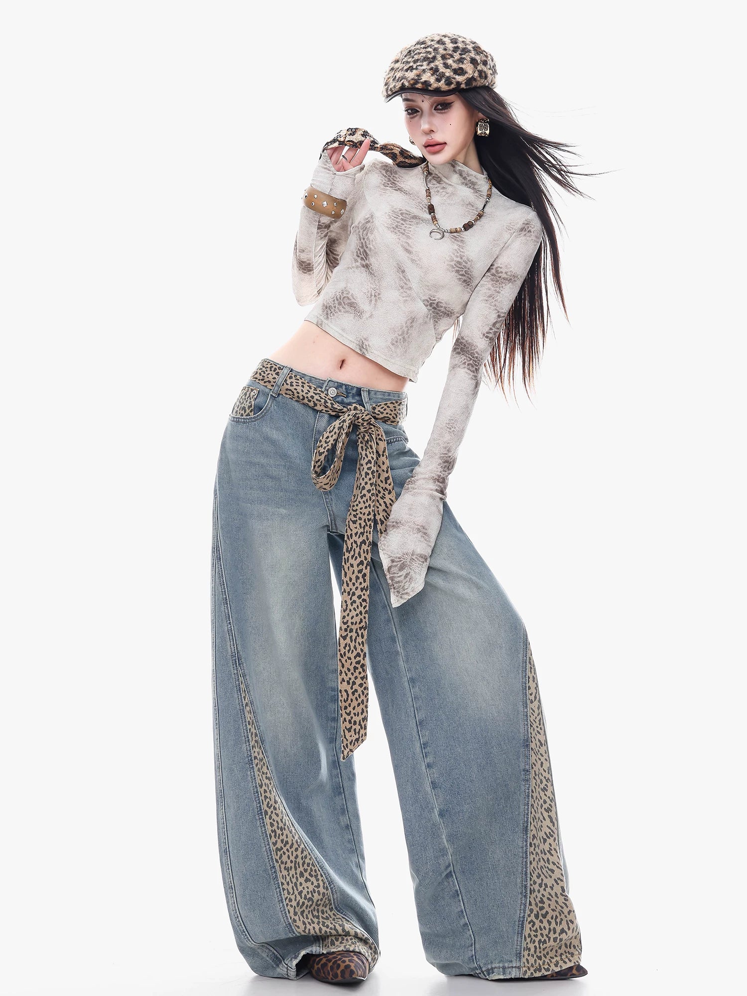 Leopard Sash Curve-Leg Wide Jeans