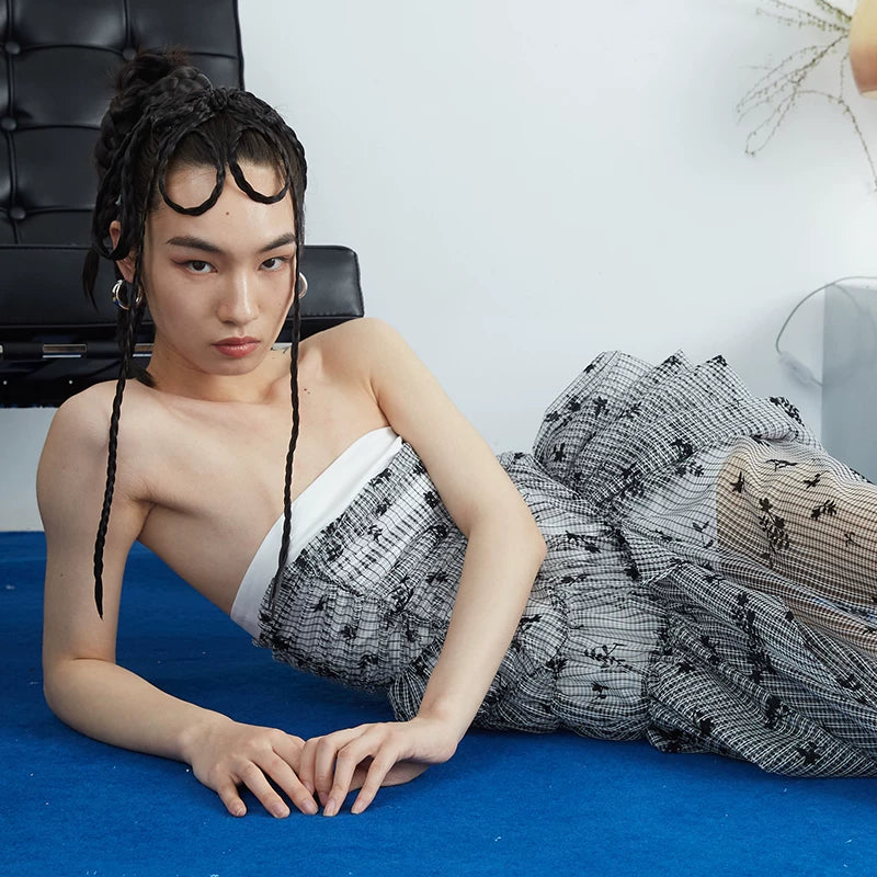 Monochrome Floral Smocked Mesh Dress