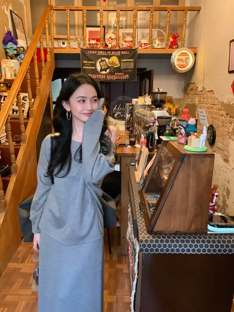 Wool Blend Long-Sleeve Top and Maxi Skirt Setup