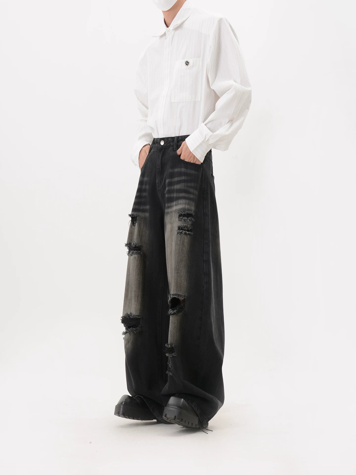 Distressed Washed Heavily Ripped Wide Leg Jeans