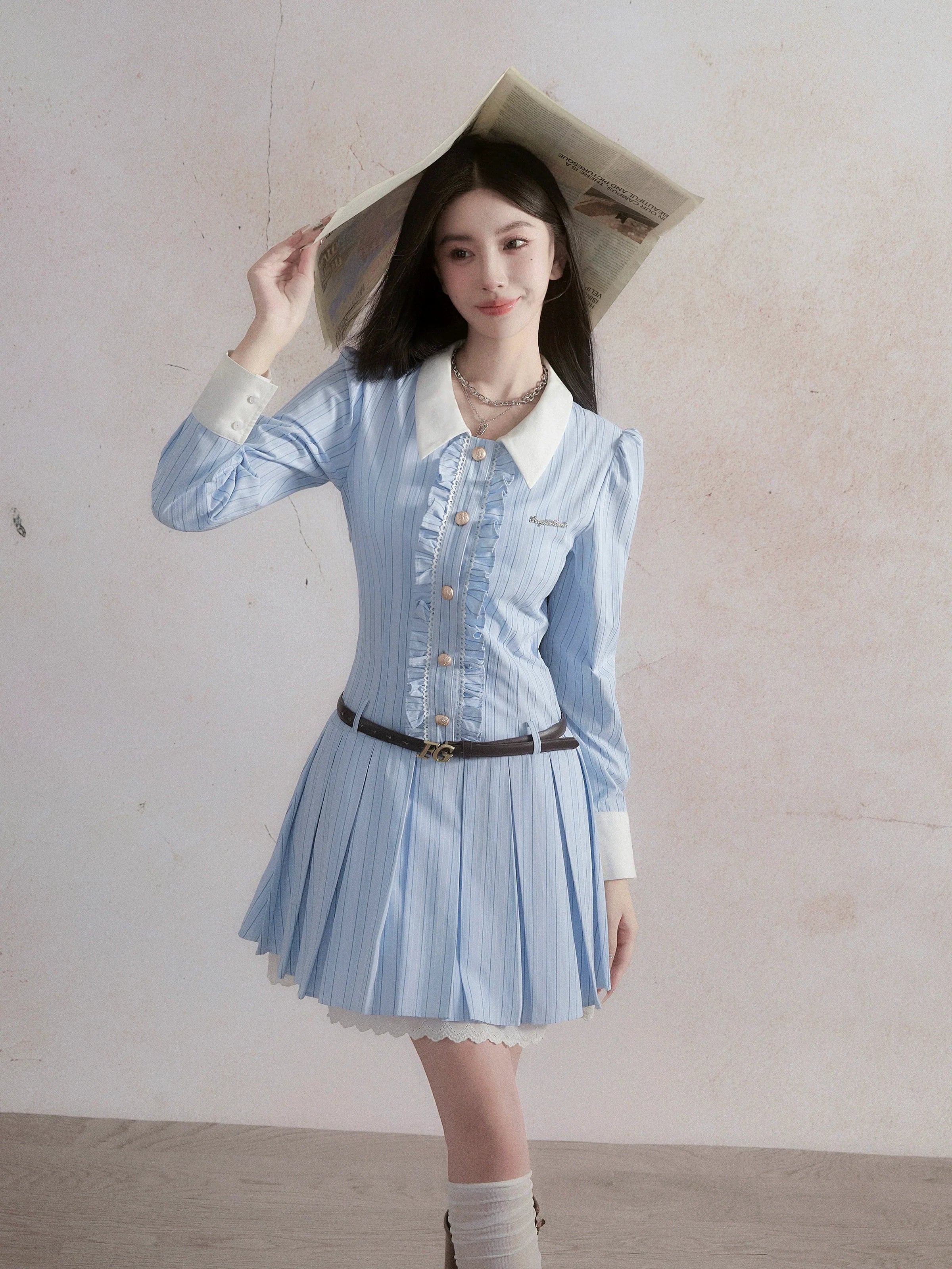 Vintage-Inspired Ruffled Chambray Mini Dress with Belt