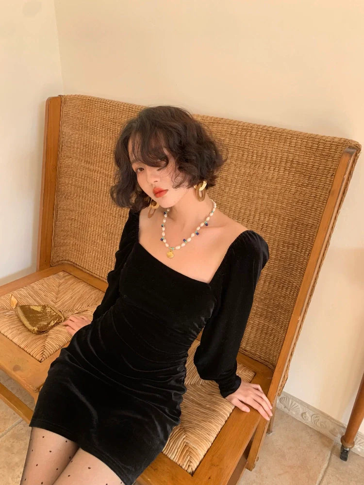 Black Velvet Square Neck Mini Dress
