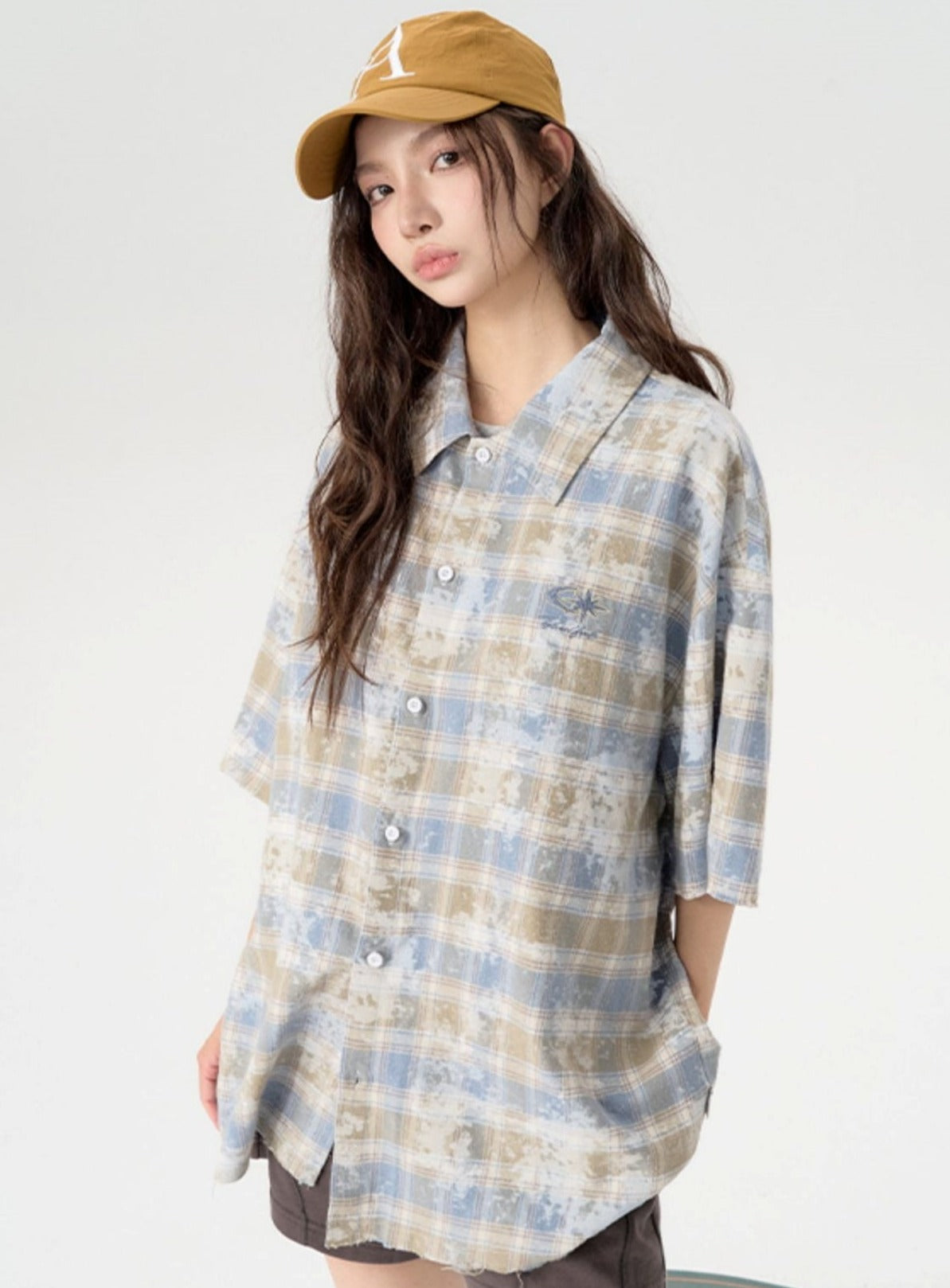 Couple's Loose Fit Tie-Dye Plaid Shirt - chiclara