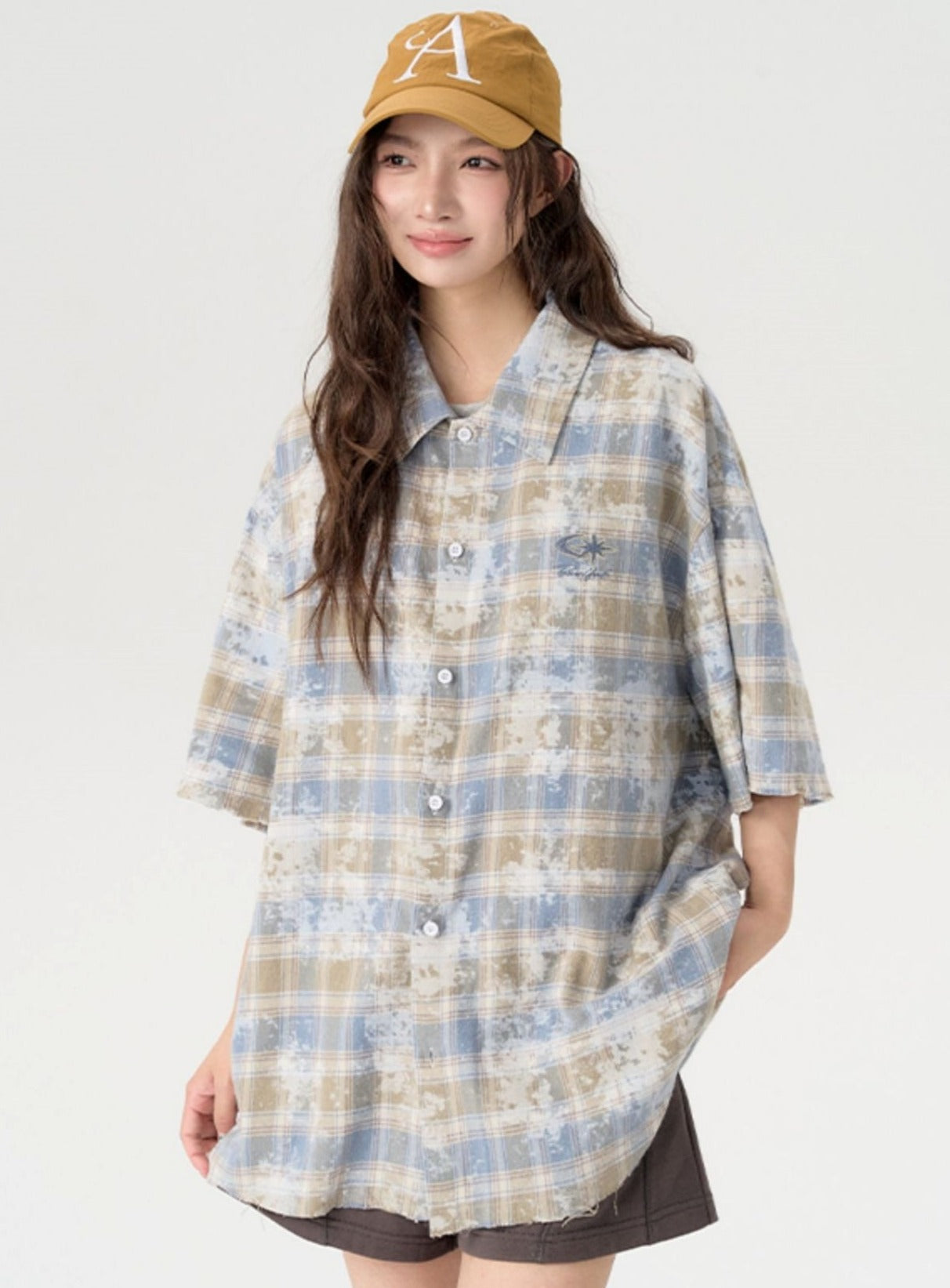 Couple's Loose Fit Tie-Dye Plaid Shirt - chiclara