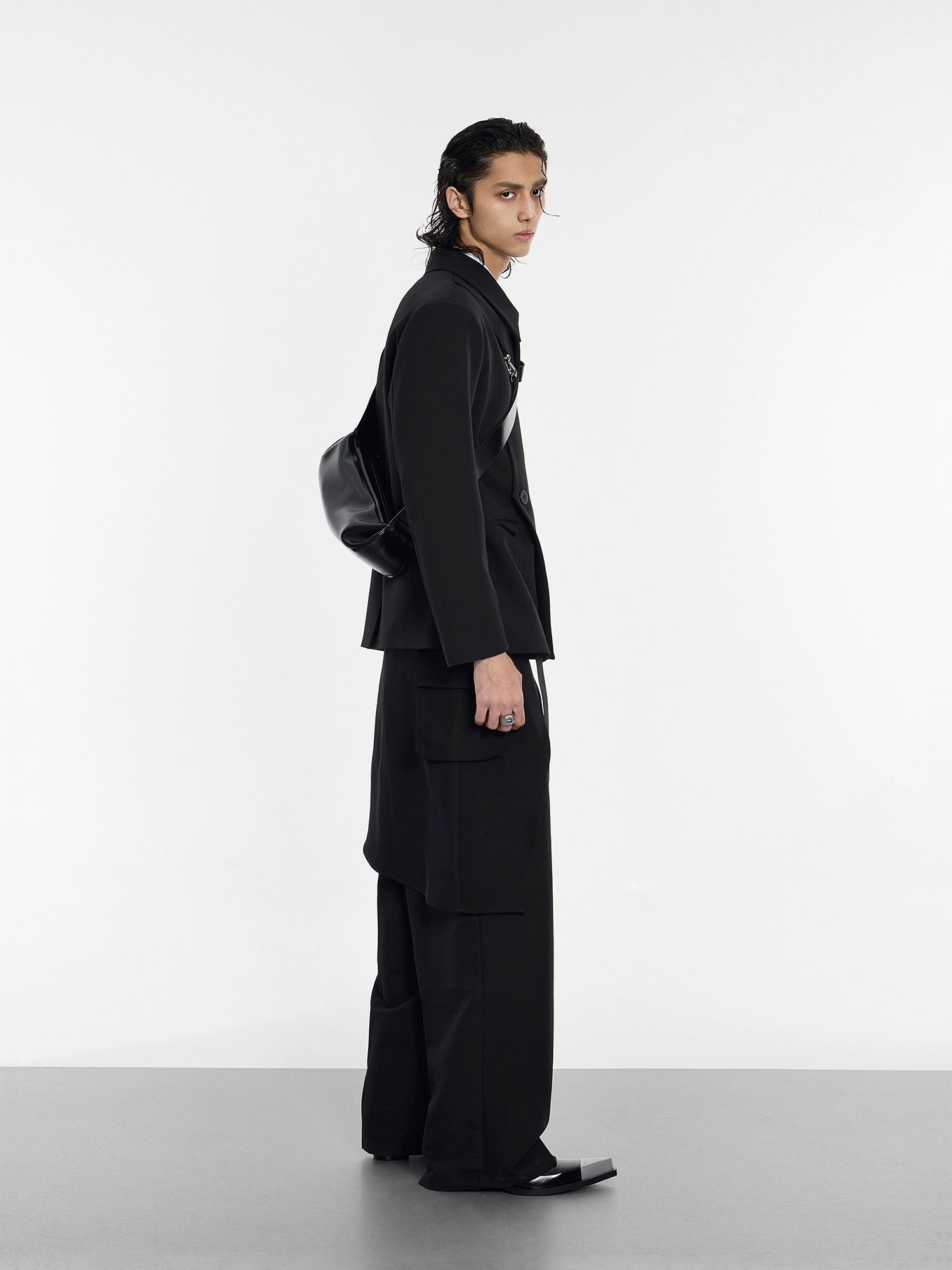 Asymmetrical Black Blazer with Safety Pin Detail