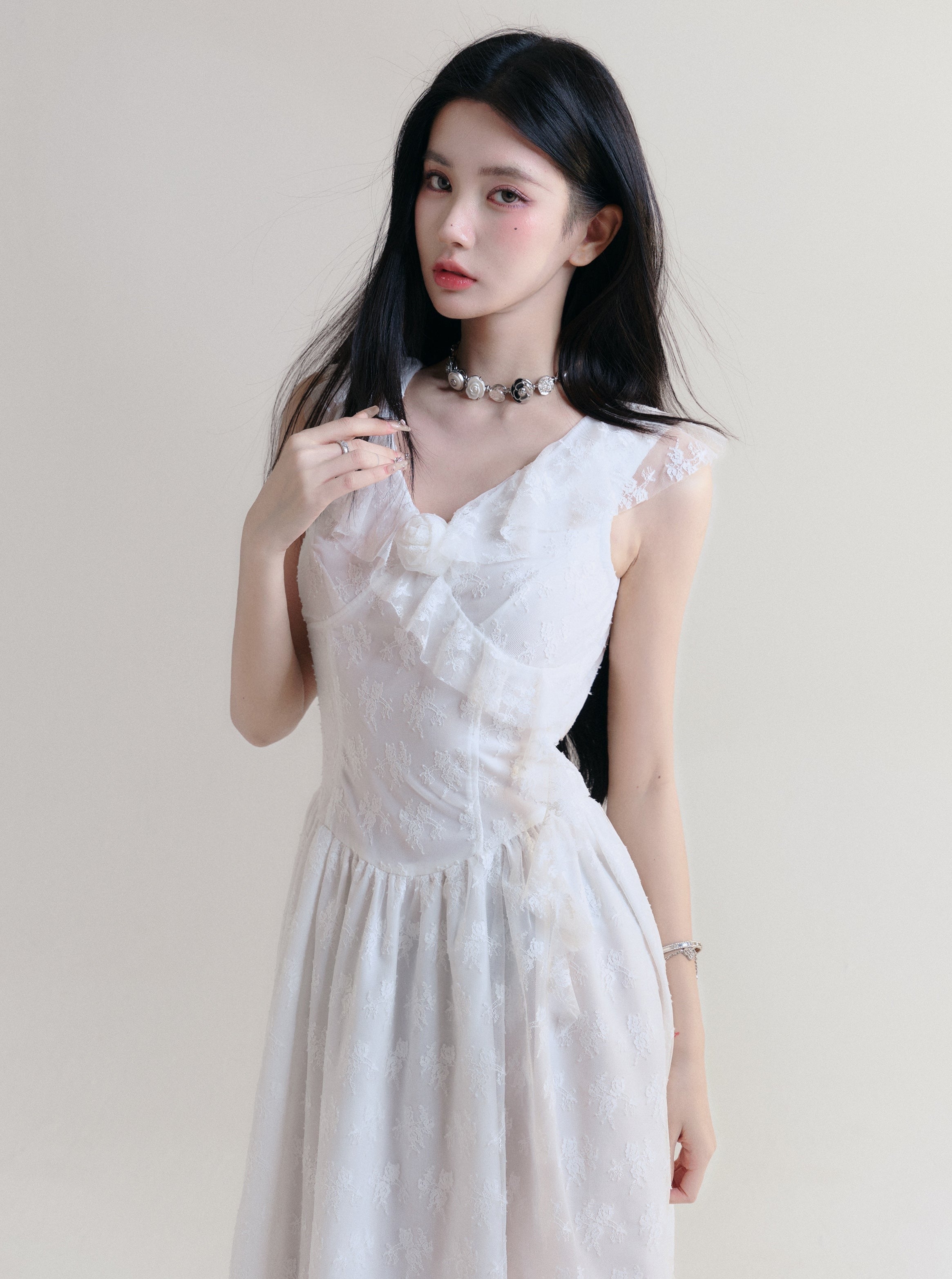 Ethereal White Lace Asymmetric Dress - V-Neck Sleeveless Summer Midi