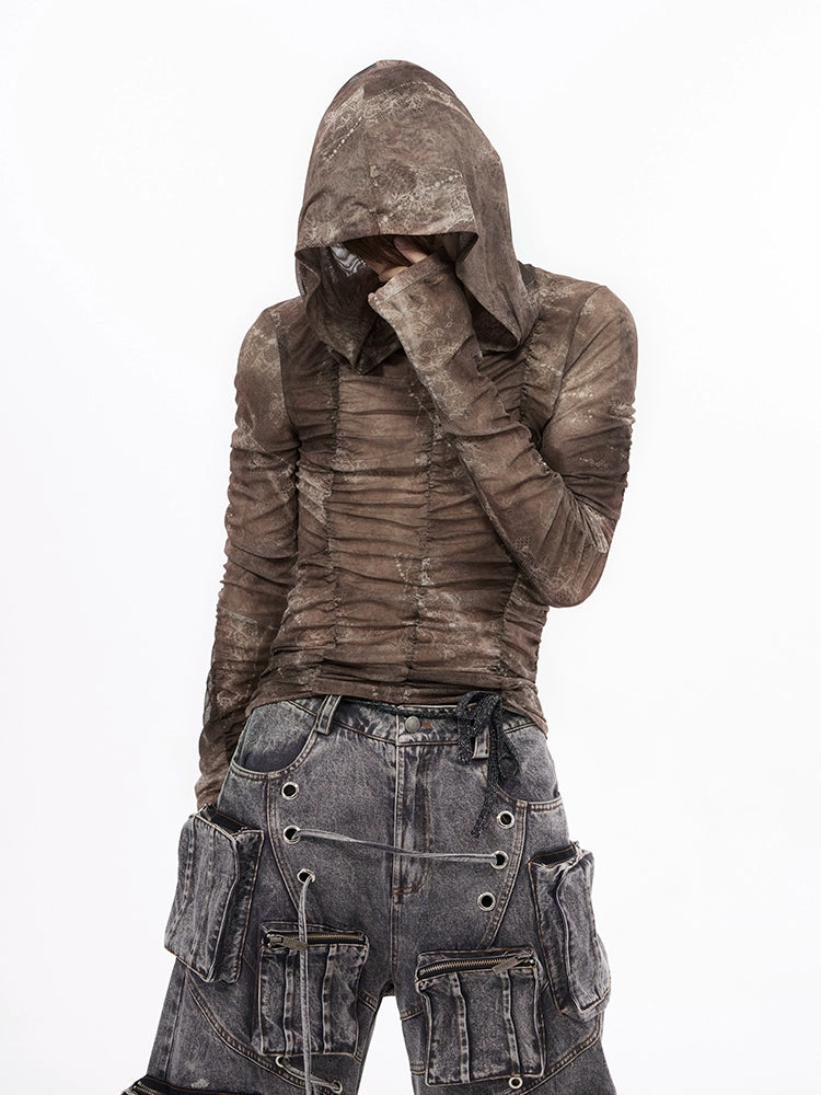 Distressed Brown Hooded Long Sleeve Top with Ruched Detailing
