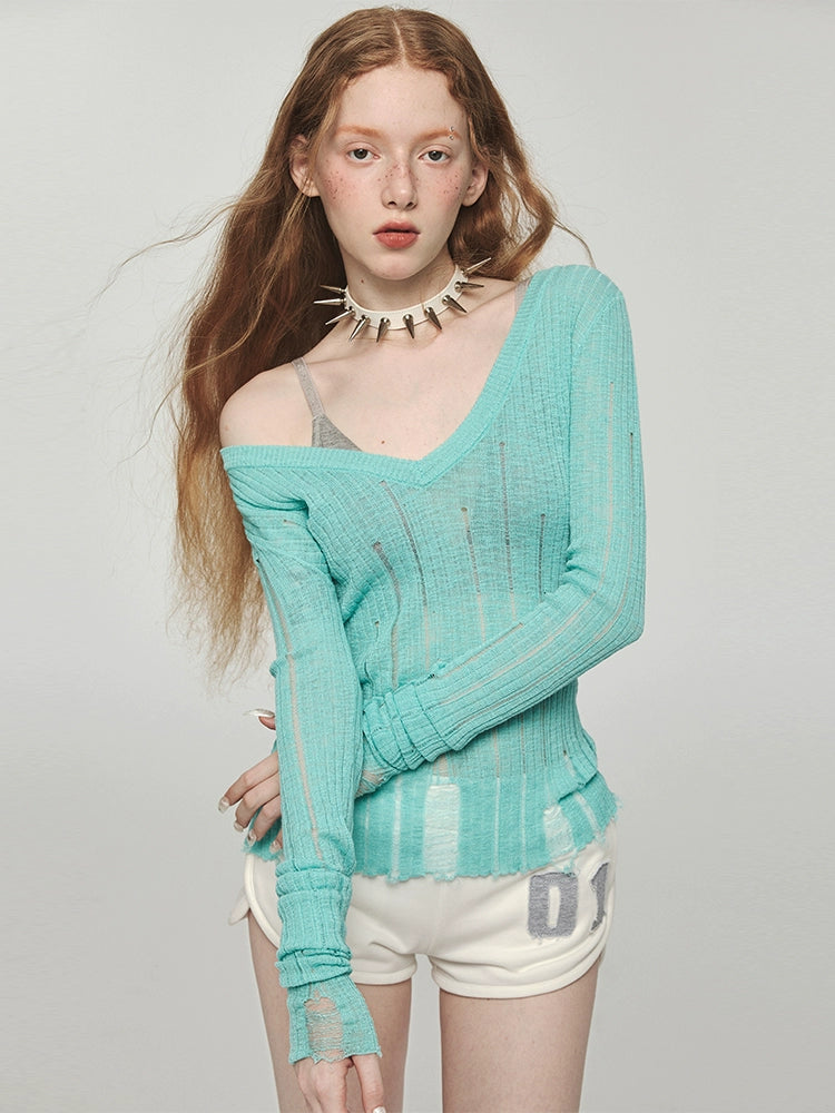 Hollow-Out V-Neck Thin Cardigan With Distressed Waist Knit Top - chiclara