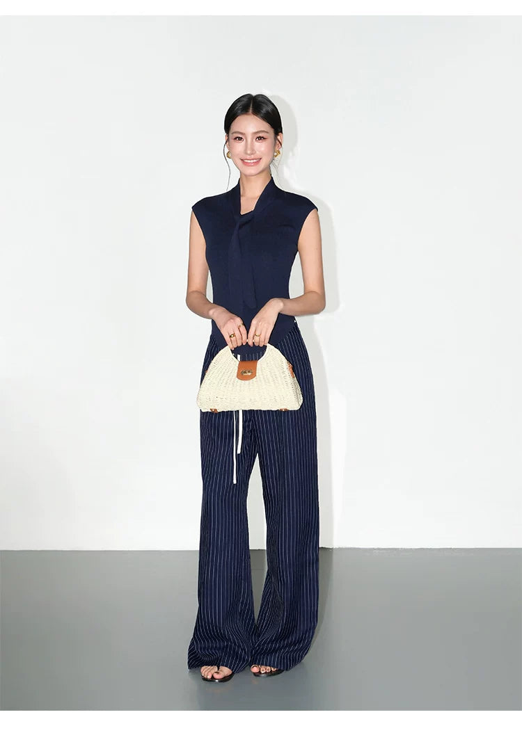 Pinstripe Drawstring Wide Leg Pants
