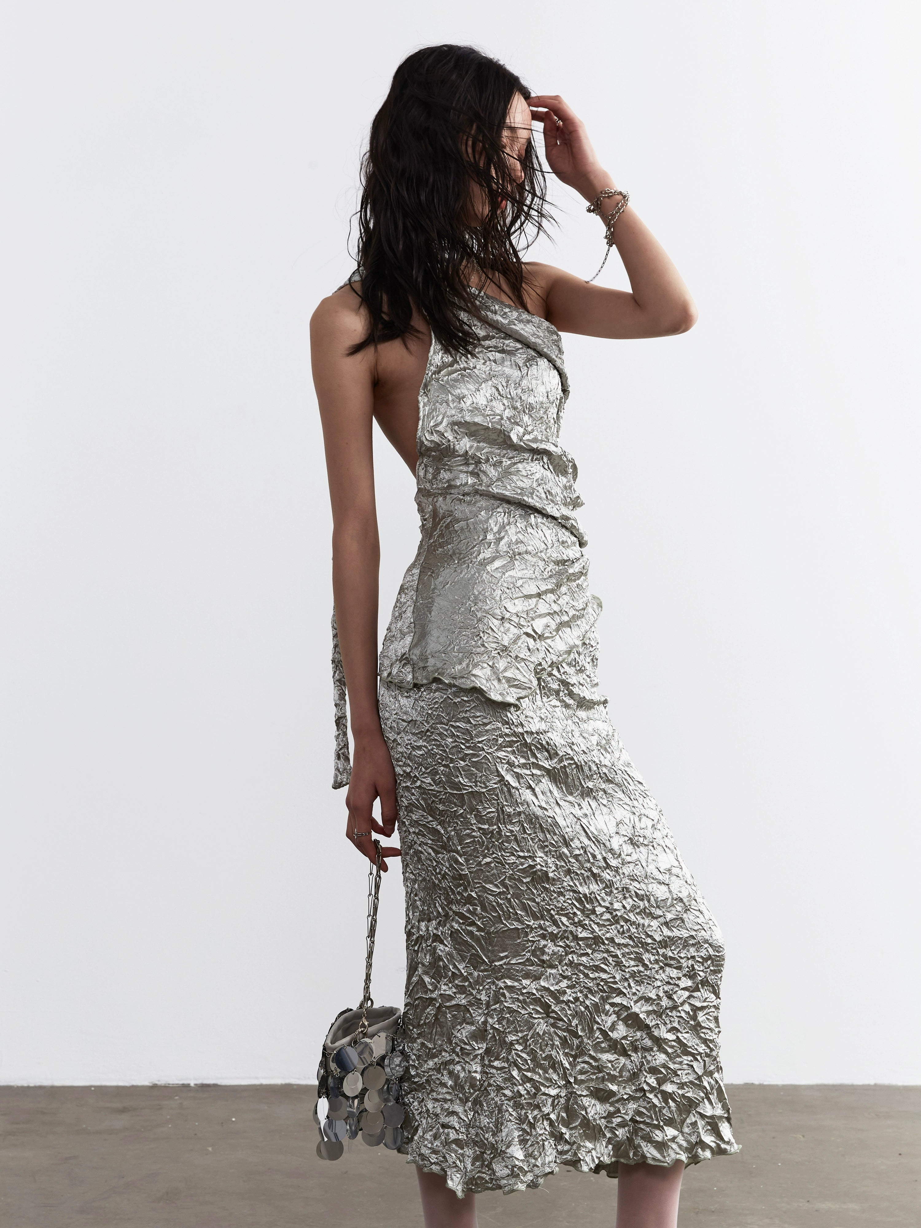 JNYLON STUDIO Metallic Crinkle One-Shoulder Maxi Dress - Women's Silver Textured Evening Gown with Asymmetric Strap
