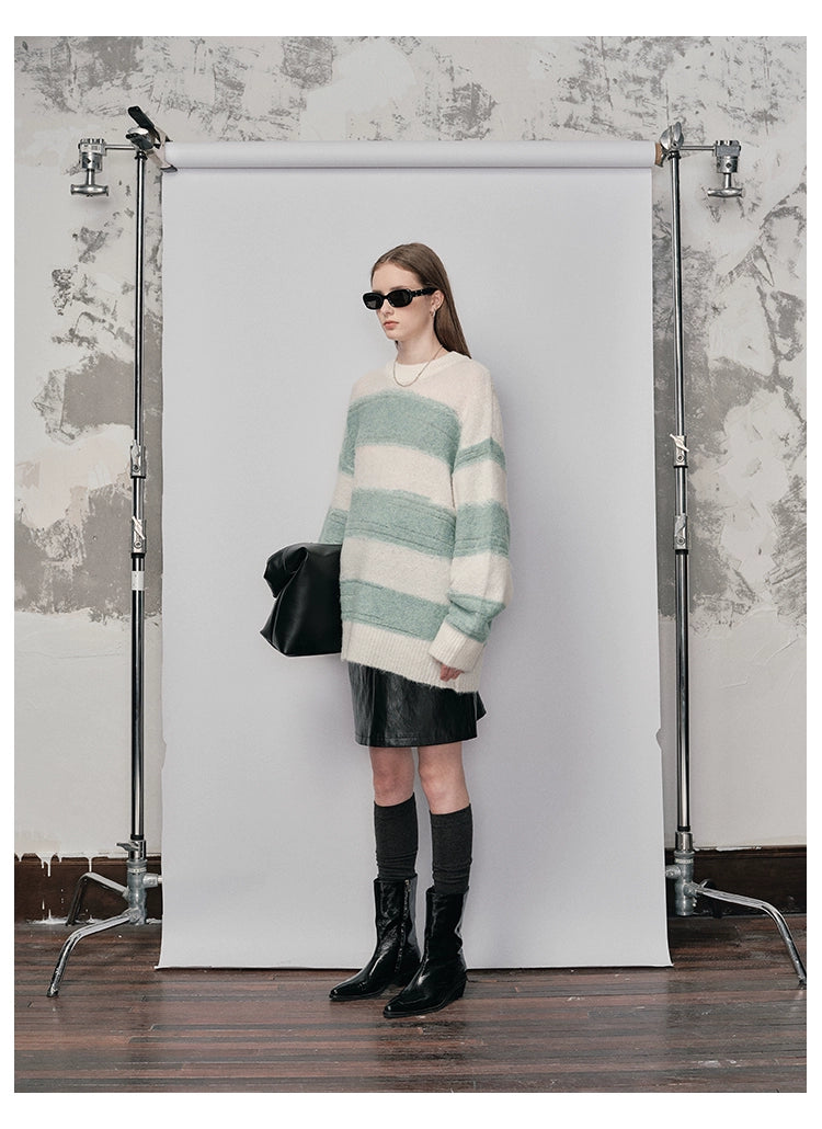 Irregular Wide-Striped Oversized Round Neck Sweater