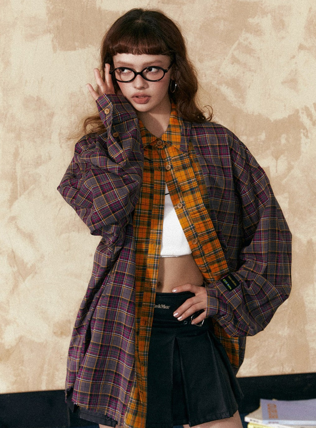 Two-Color Wide Checkered Shirt - chiclara