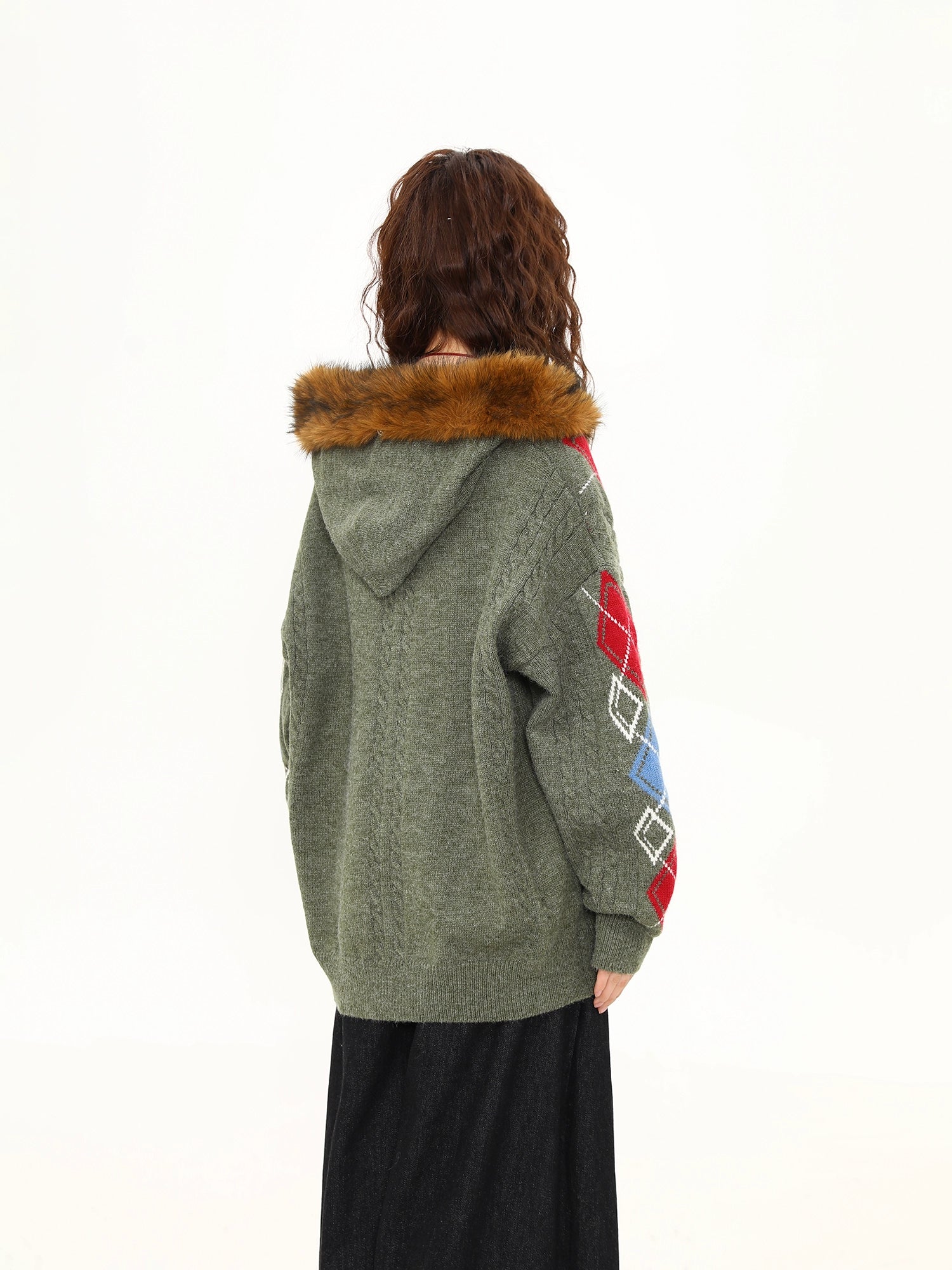 Frosty Argyle Faux-Fur Hood Cardigan