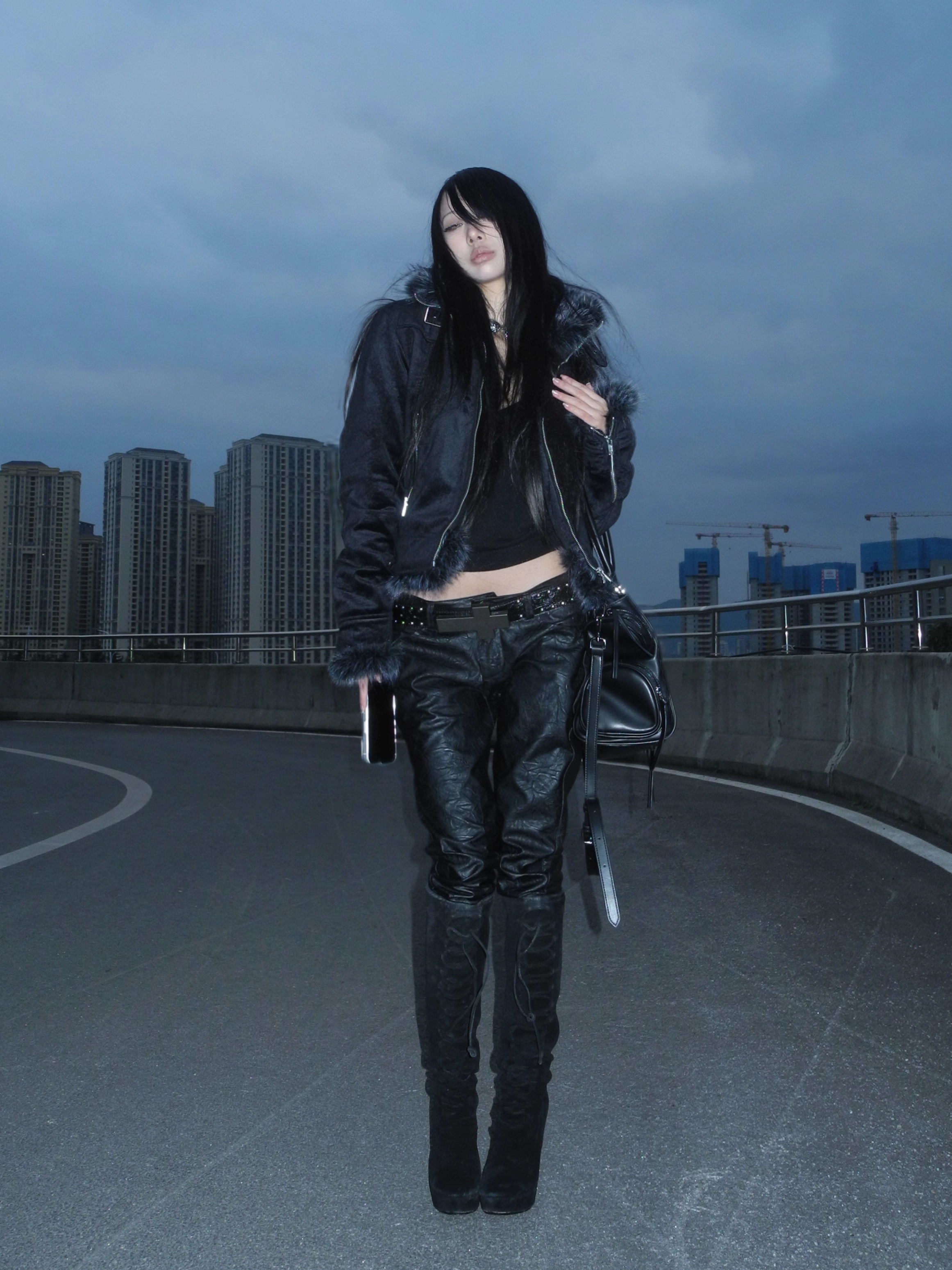 Short Fox Fur Collar Winter Moto Jacket
