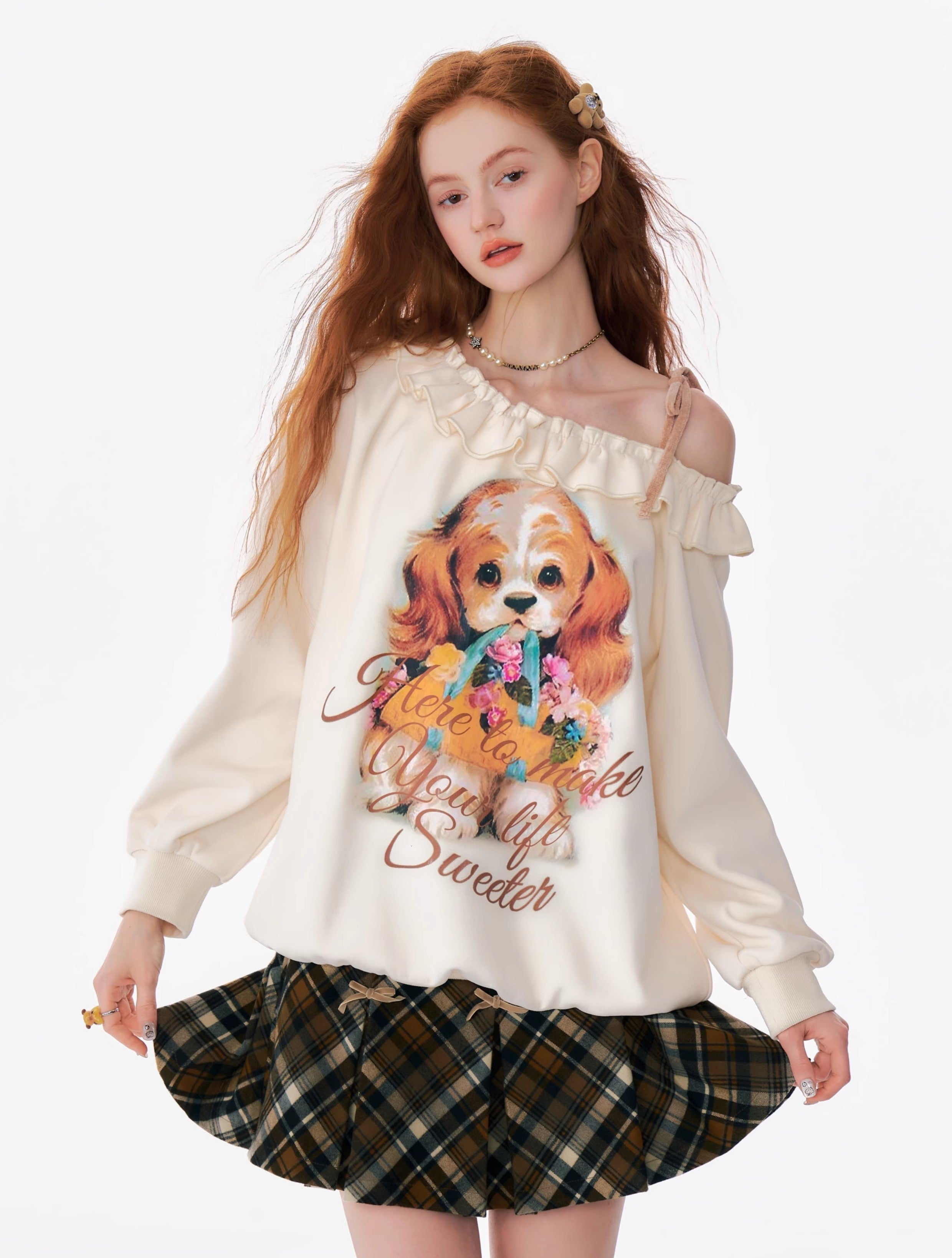 Puppy Print Cold Shoulder Sweatshirt