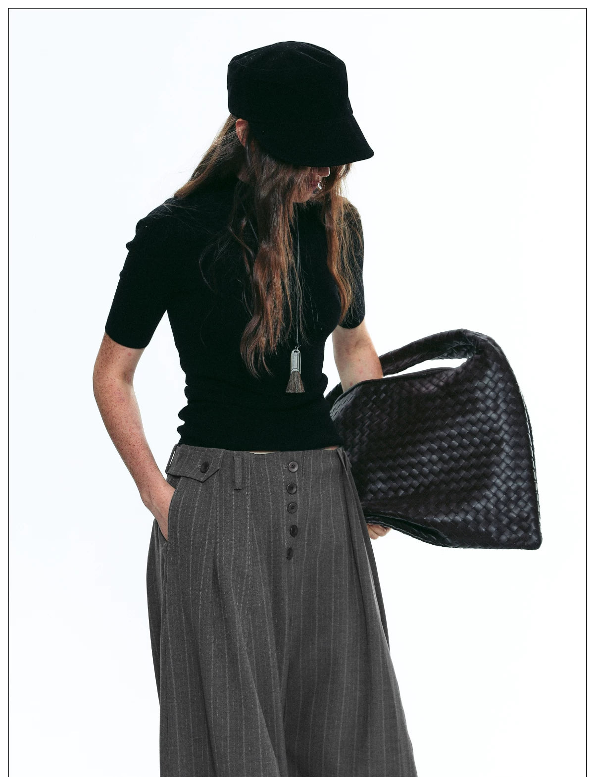 Exposed Button Pinstripe Wide Trousers