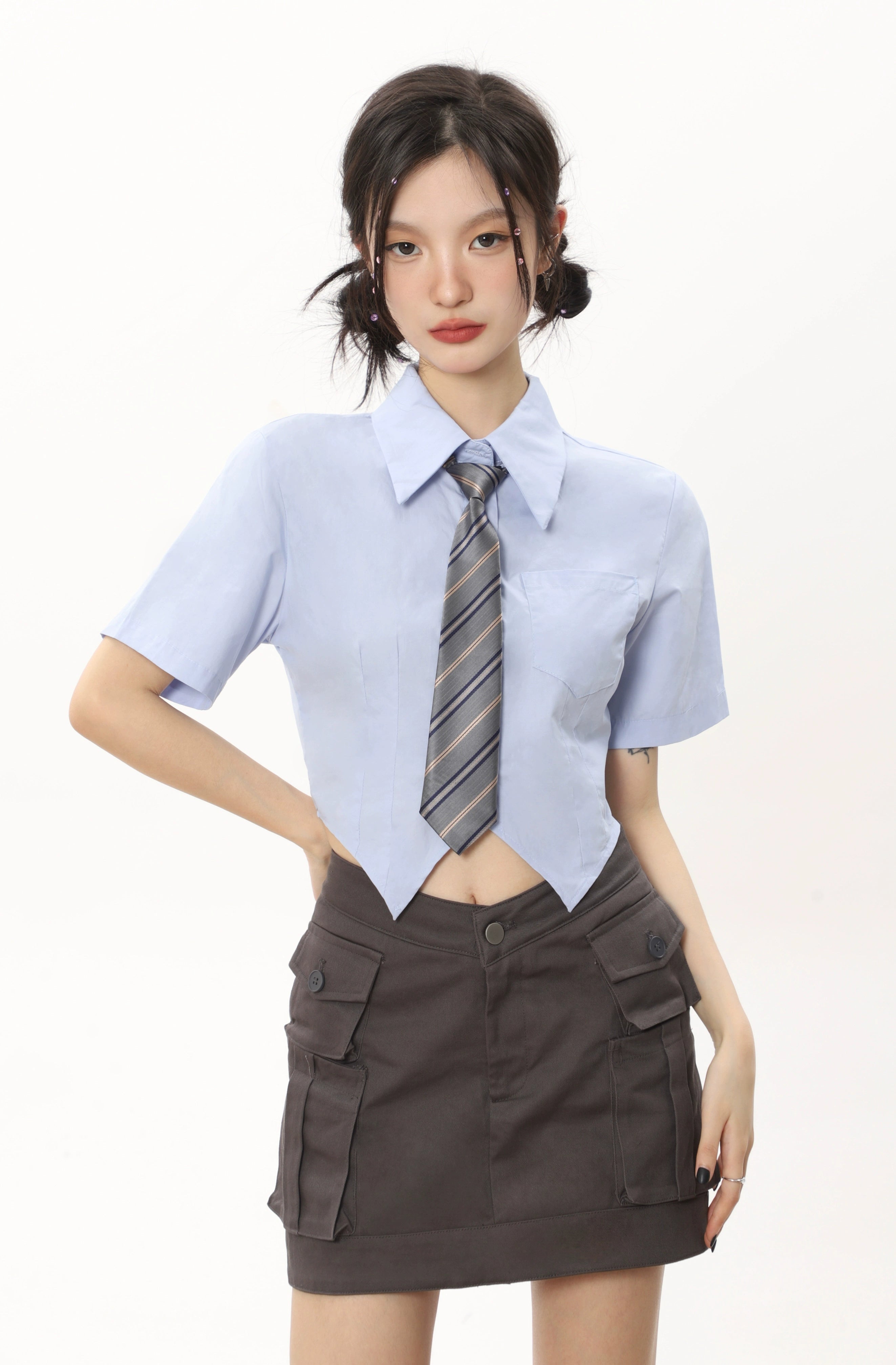 White Short-Sleeve Shirt with Tie JK Style