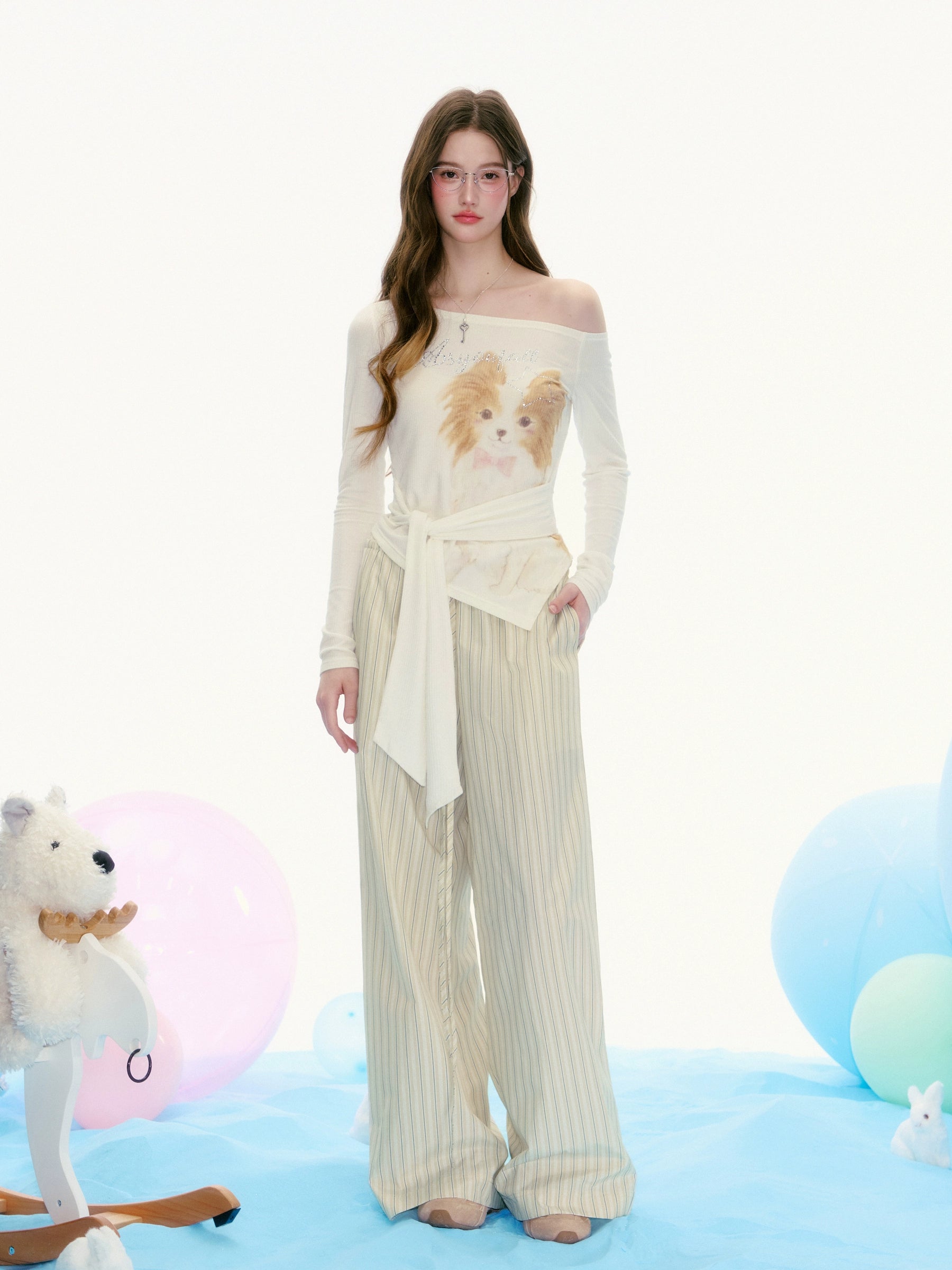 Papillon Dog Print Off-Shoulder Top with Tie Waist