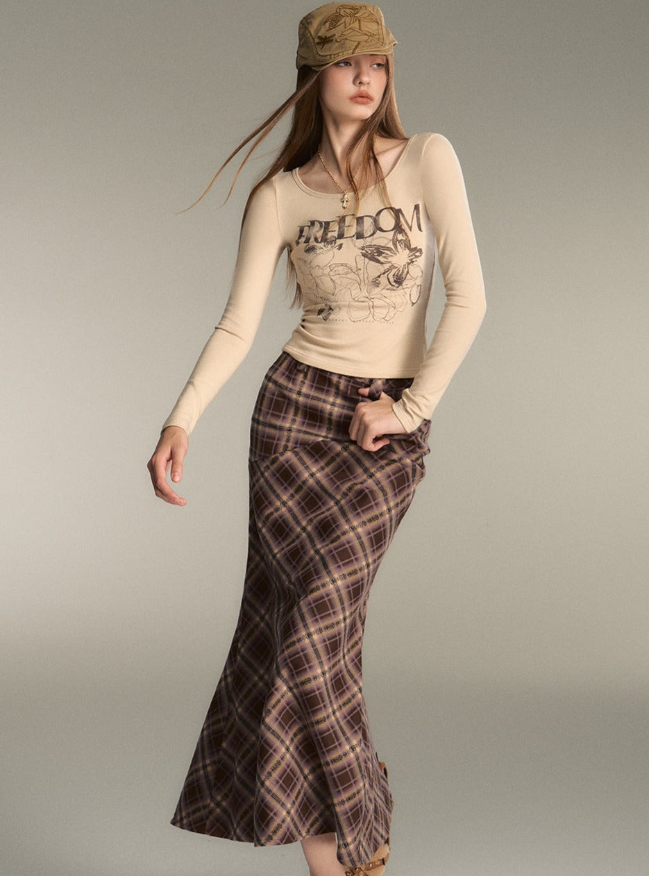 Retro Brown Check Long Mermaid Skirt - chiclara