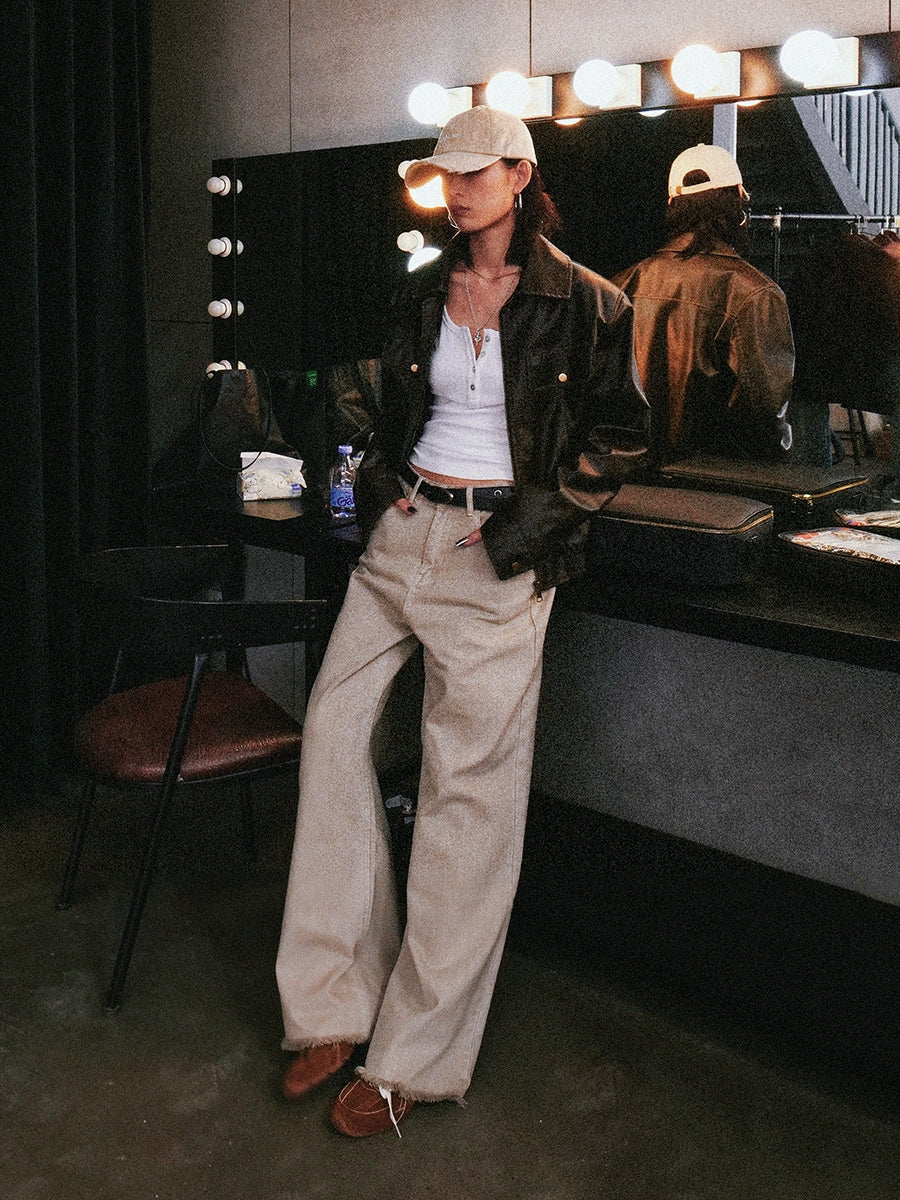 Sandstone Fringe Hem Wide‑Leg Jeans