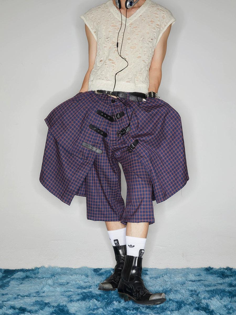 Plaid Buckle-Front Layered Skort - chiclara