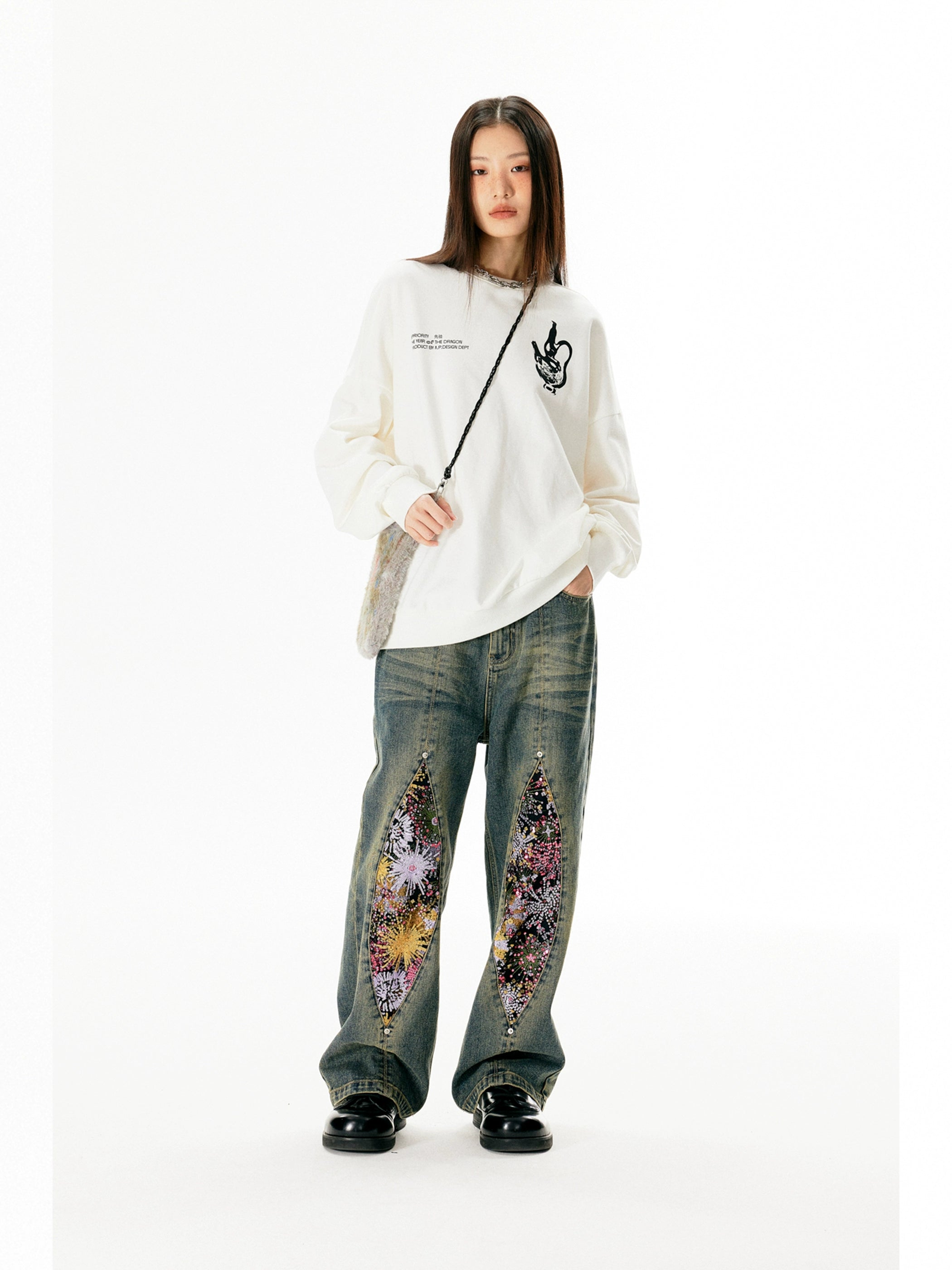 Vintage Firework Distressed Jeans With Relaxed Straight Fit - chiclara