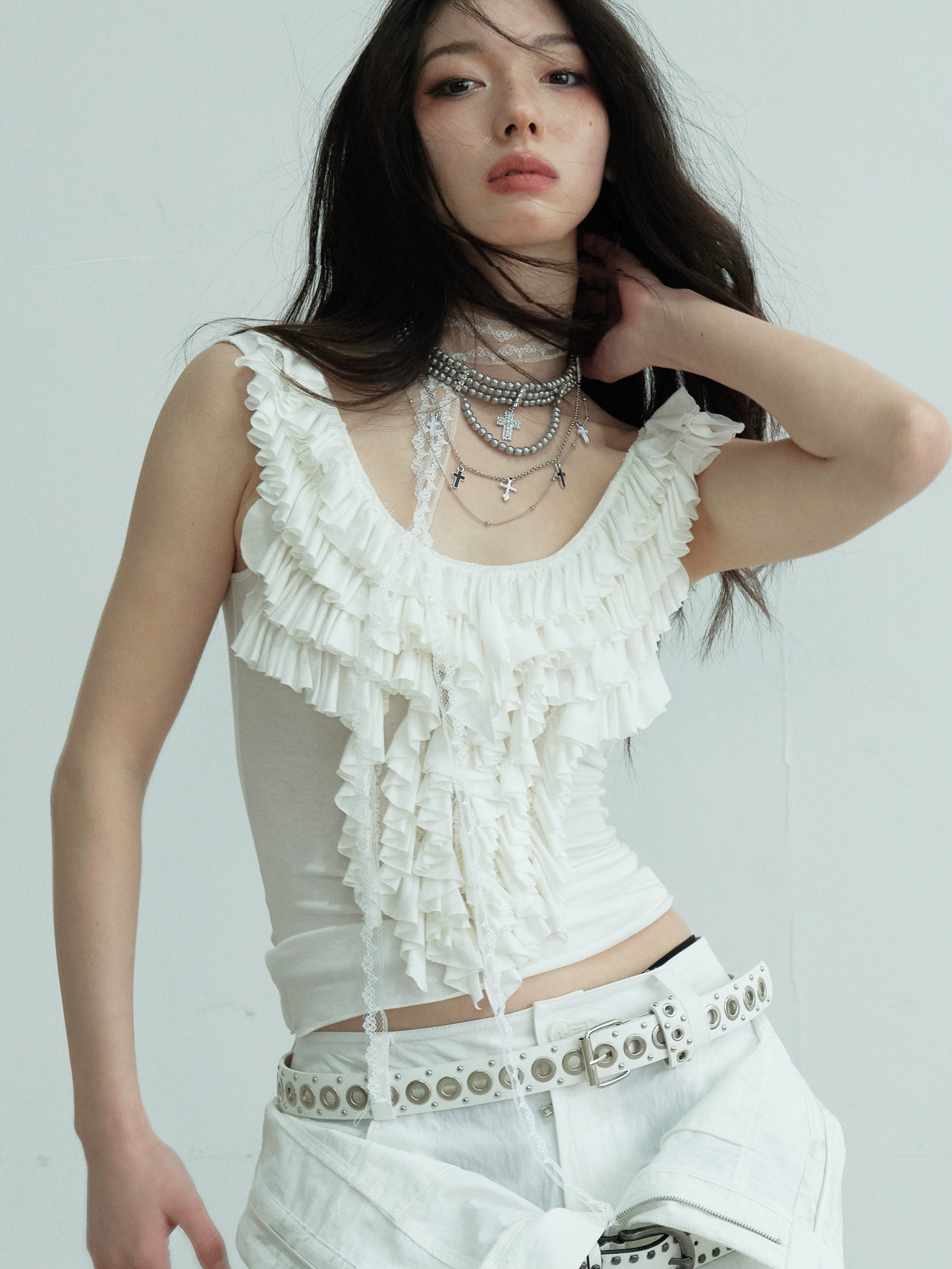 Ruffled Lace Cap Sleeve White Top
