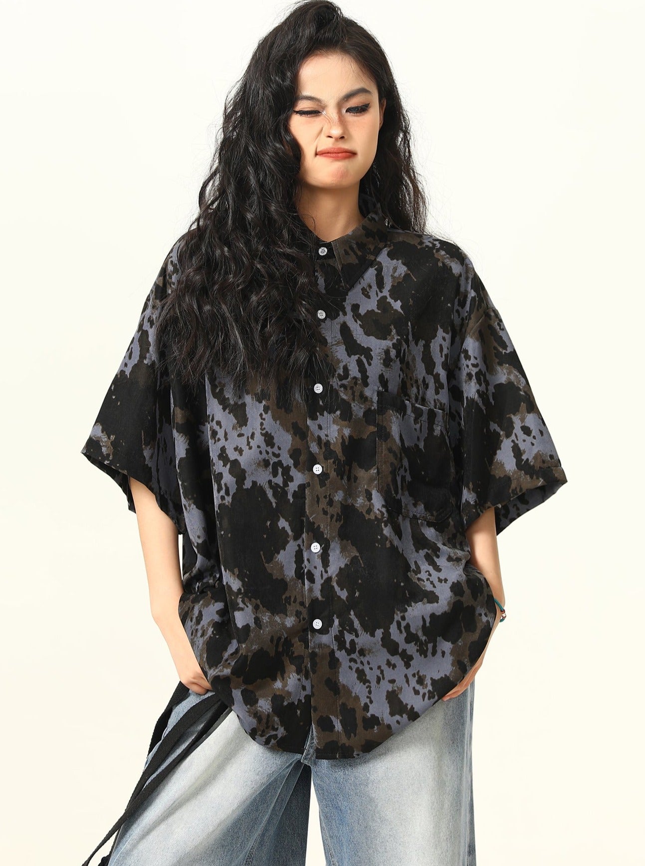 Oversized Tie-Dye Button-Up Shirt in Black and Grey