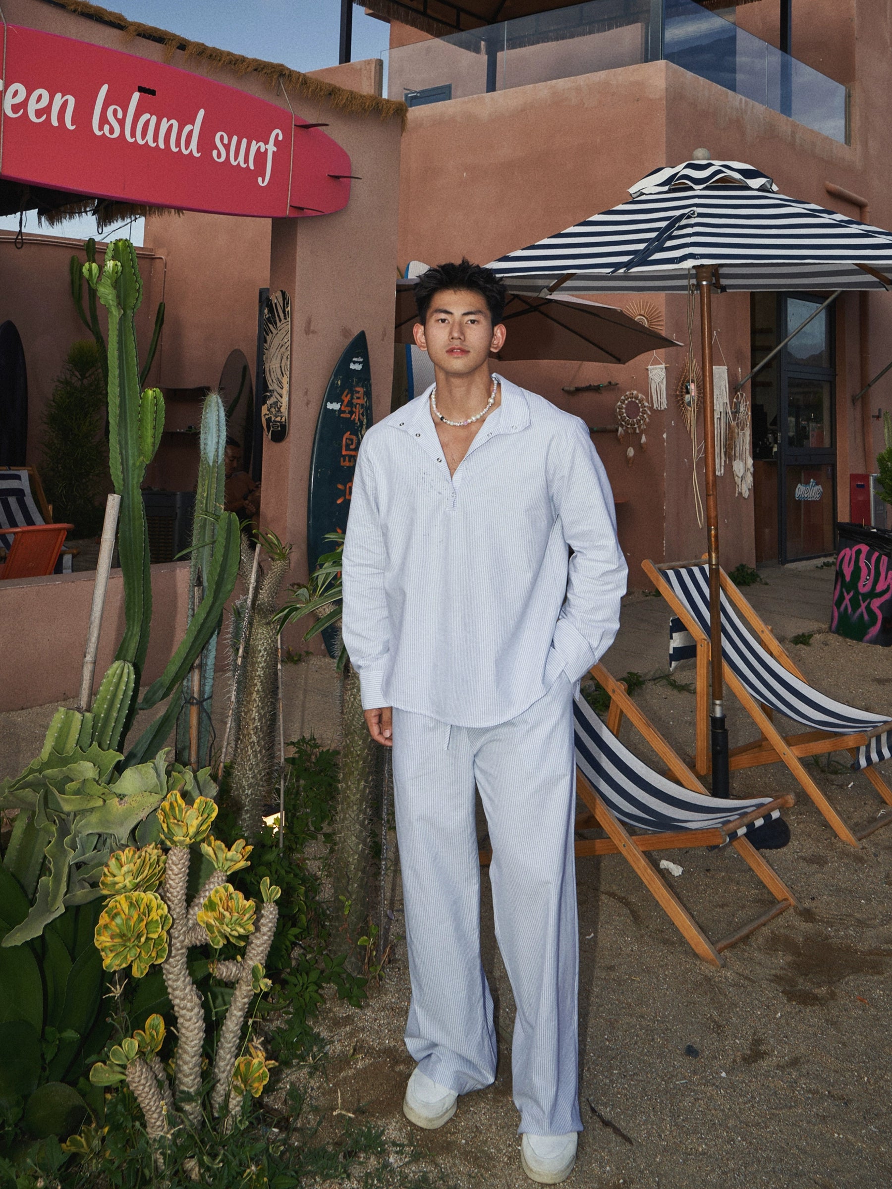Striped Henley Leisure Shirt and Pants Setup