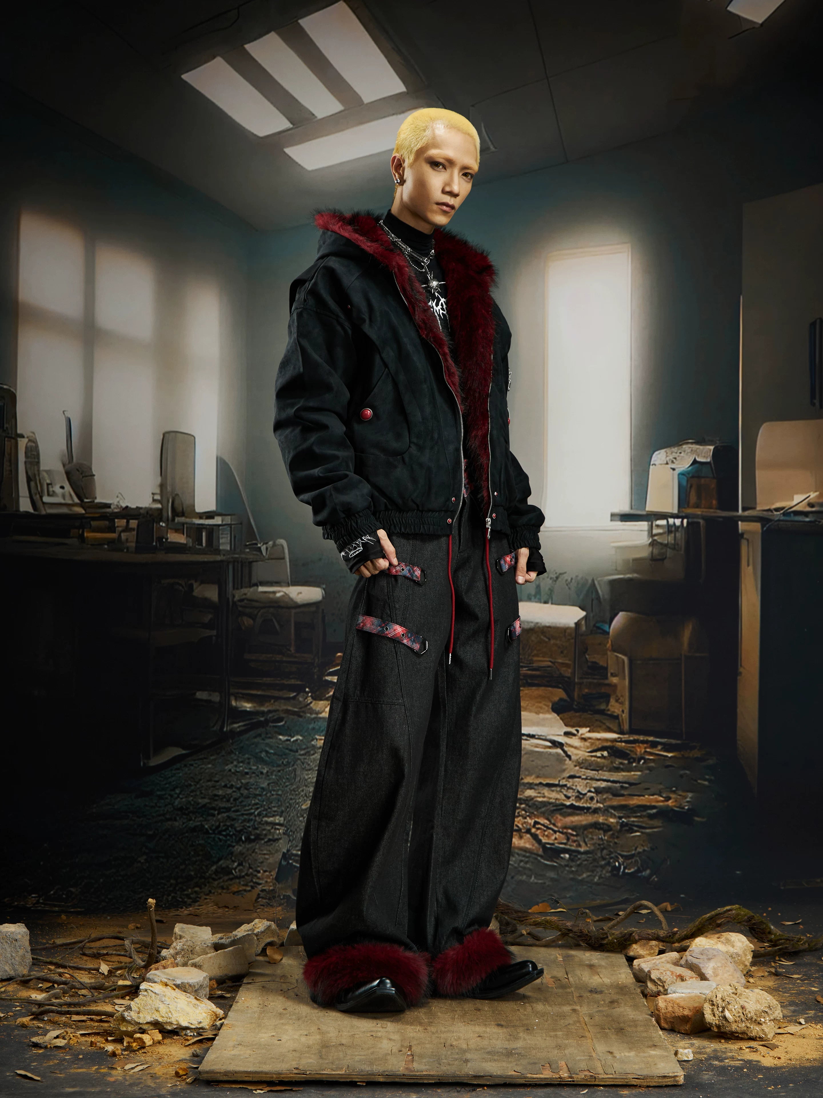 Crimson Howl Fur‑Hood Rebel Jacket