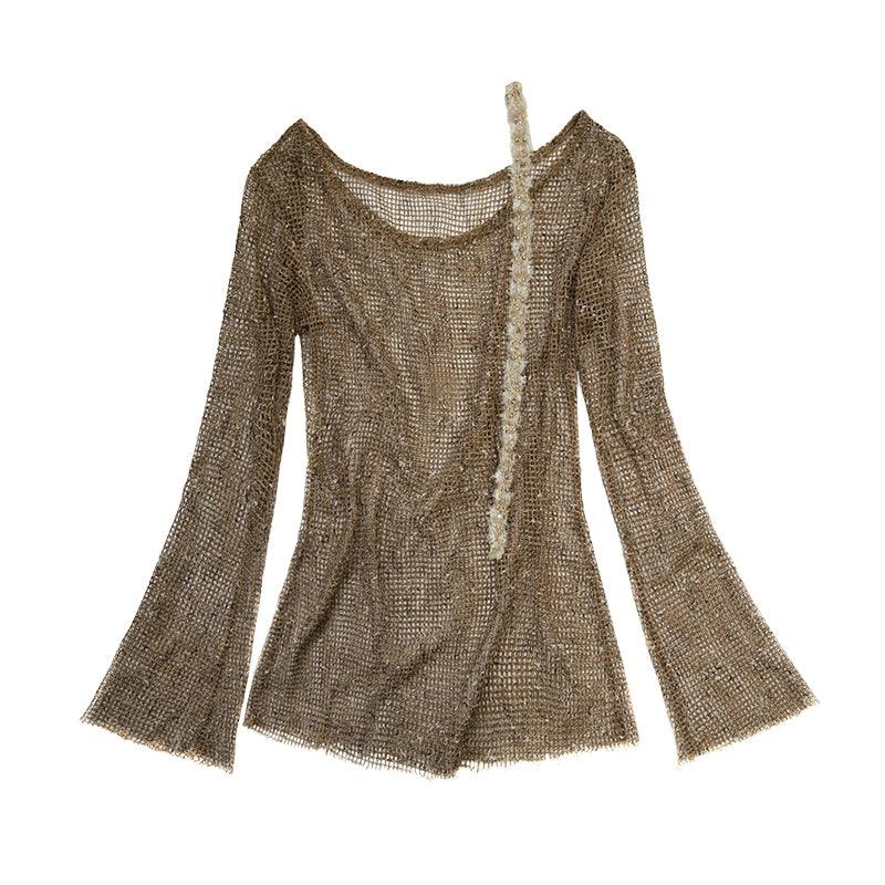 No Romance Boho Mesh Knit Tunic - Women'S Bell Sleeve Sheer Coverup With Decorative Tie