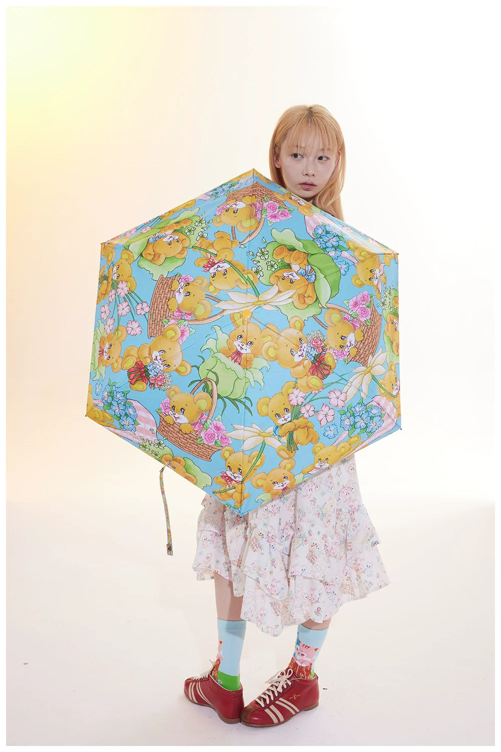 Teddy Bear Floral Print Sun Umbrella