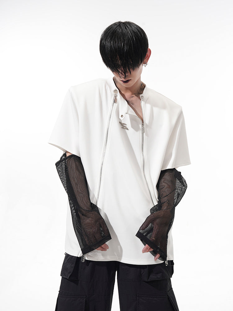 Dual Front Zippers and Mesh Sleeves T-Shirt